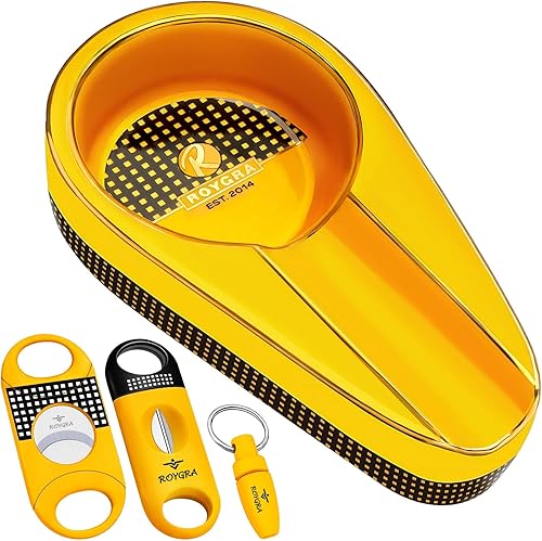 roygra Cenicero de puros con cortador de puros, cenicero de cerámica dorada hecho a mano con guillotina agrandada, corte en V ampliado, perforador