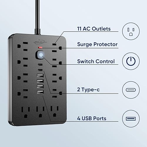 Miniatura 3 de Tira de alimentación con protector contra sobretensiones de enchufe plano de 6 pies, 11 tomas de corriente alterna con 6 puertos USB (2 USB C)