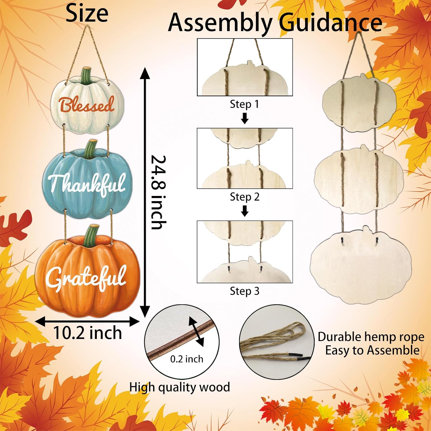 Fall Door Decor White Orange Blue Pumpkin Wall Decor Blessed Grateful Thankful Sign Wooden Front Door Hanger Pumpkin Hanging Sign for Harvest Thanksgiving Porch Indoor Home Decorations