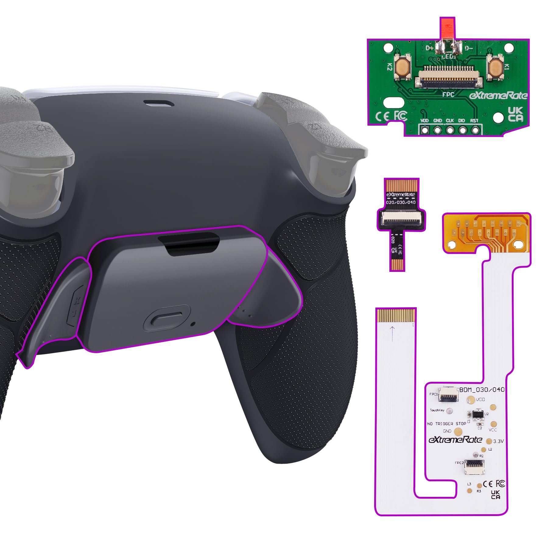 eXtremeRate Rise V3 Remap Kit per ps5 Controller BDM-030/040/050,Back Button Levette Posteriore per ps5 Joystick,Tasti Aggiuntivi&Cover Grip Gommato per Joypad,Senza Controller,Grigio Scuro