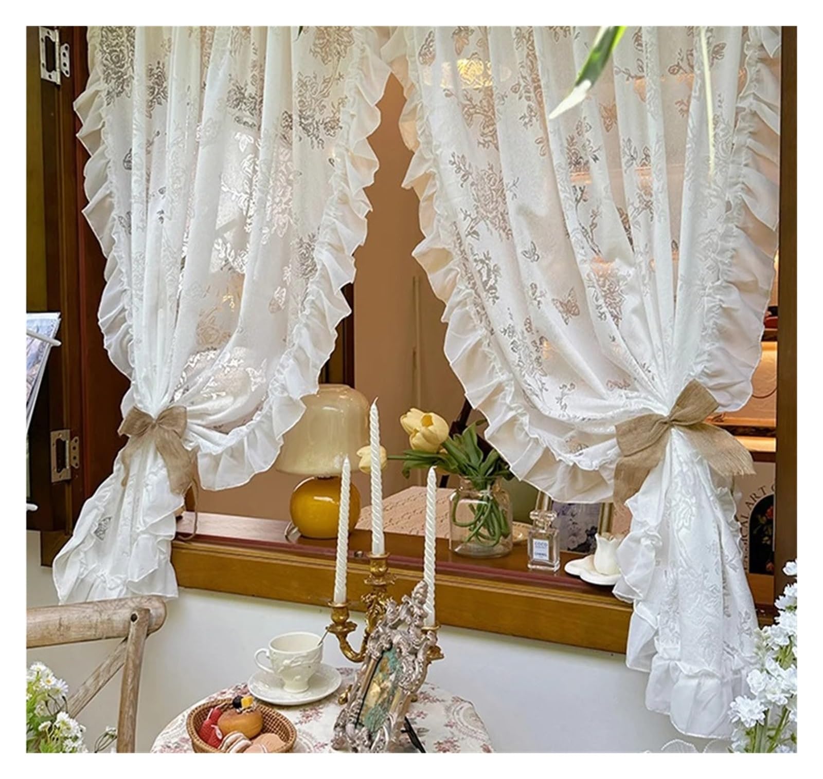 WWPMNQD Ruffled Curtains 2PCS White Lace Sheer Curtain,Romantic Retro Tulle Curtains For Princess Rooms, Filtering Insulating Home Window for Bedroom(2PC W140 X H240CM)