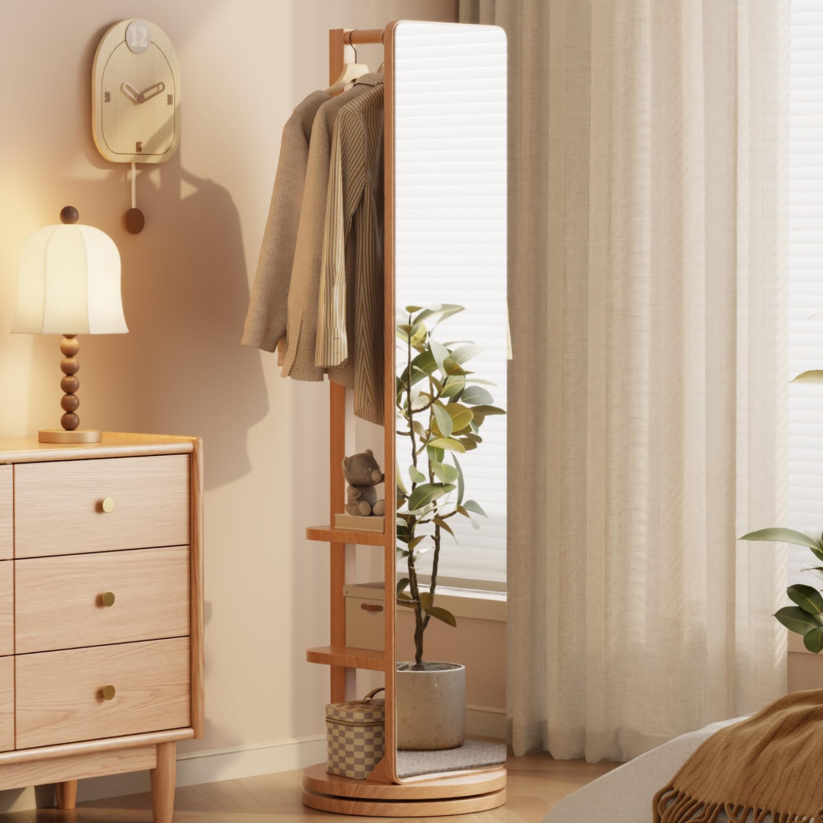 WoodsWhisper Full Length Mirror Coat Rack Solid Wood Floor Mirror 66"x12" Full Length Mirror with Stand Long Mirrors for Bedroom,Living Room (Natural, 66" Lx12 W)