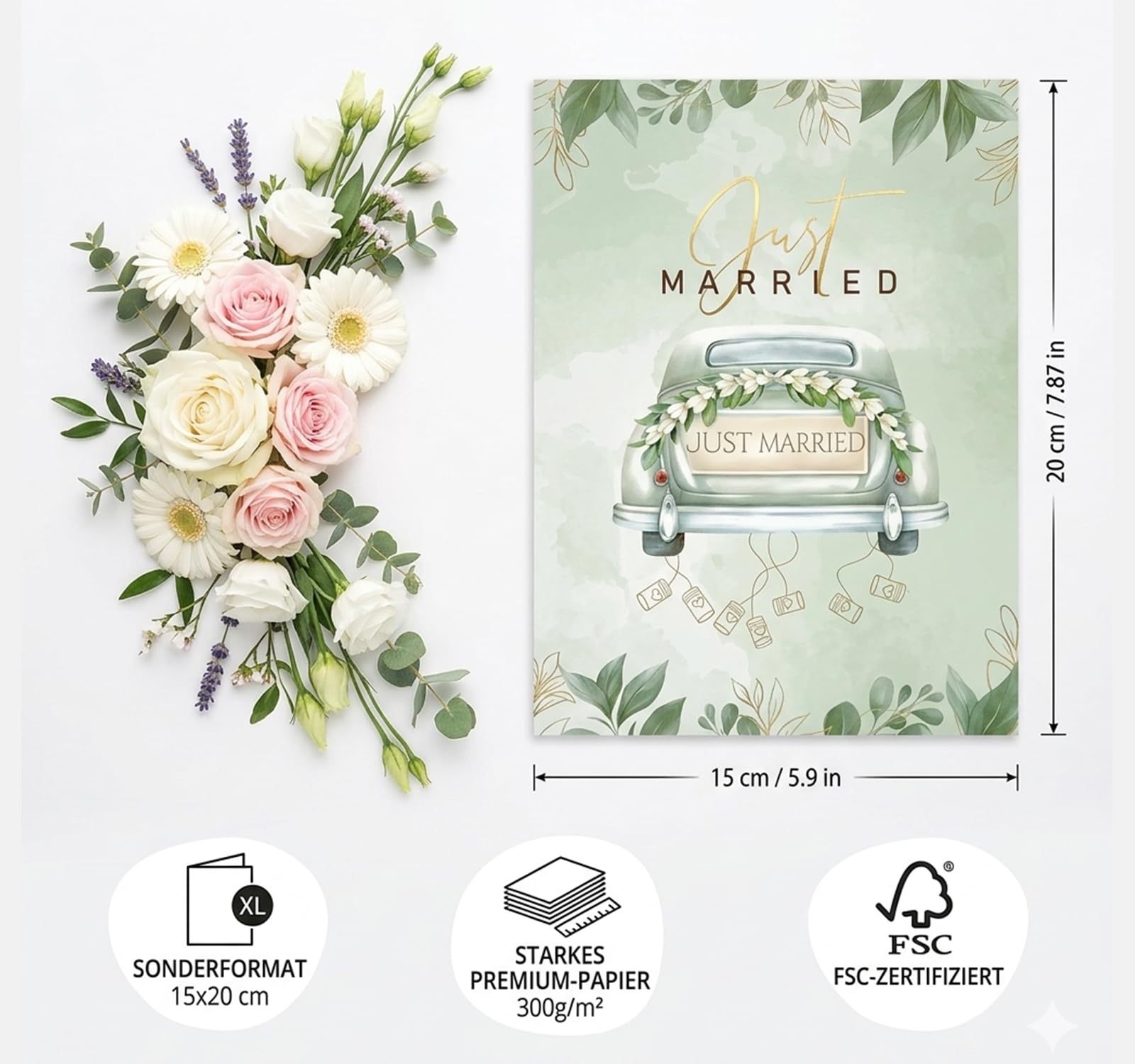 Karta ślubna typu pop-up, karta 3D z życzeniami na ślub z motywem oldtimera i kwiatów, karta "Just Married" z samochodem ślubnym dla pary młodej, karta z życzeniami na Walentynki, zaręczyny, rocznicę