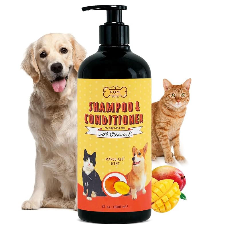 Shampoo e Condicionador 2 em 1 para Cães e Gatos P.O.M. PETS Mango Aloe, 810 mL