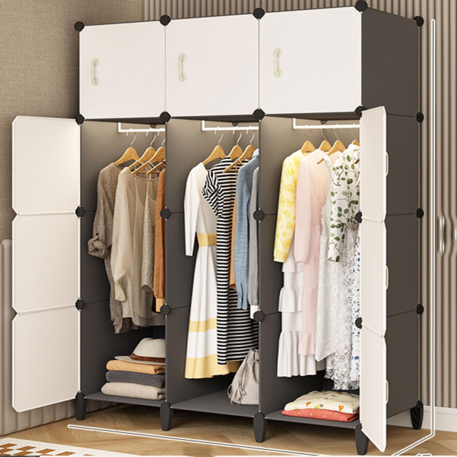 Armadio Guardaroba Modulare con 3 Barra Portatile Guardaroba con Porta Armadio Organizer Fai da Te Sistema di scaffalature in plastica per Vestiti Scarpe Giocattoli e Libri 111 * 47 * 157cm
