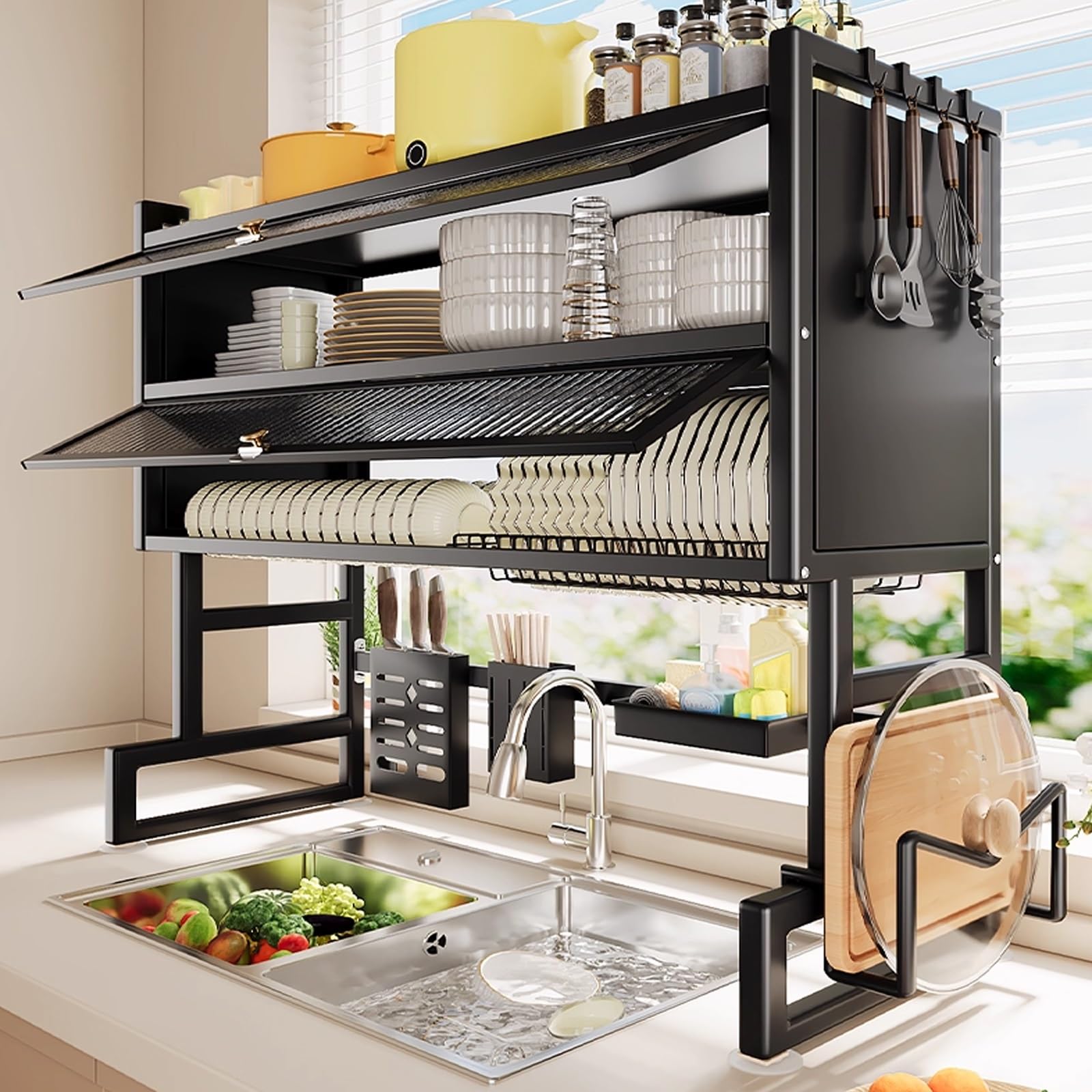 Doble capa Gran capacidad cocina escurreplatos, cocina encimera platos organizador, fregadero escurridor de platos, cubiertos escurreplatos para fregadero sobre.(95cm)