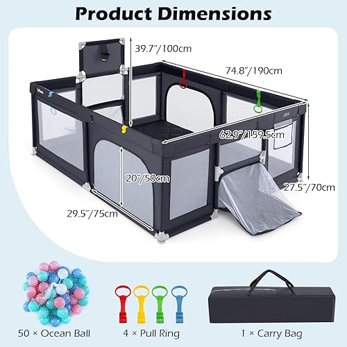 Miniatura 6 de INFANS Corralito para bebés, 74 x 62 pulgadas, patio de juegos extra grande para bebés y niños pequeños con alfombrilla para gatear, pelotas