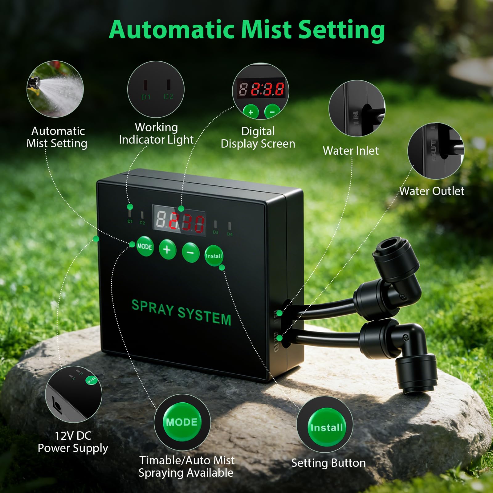 Système intelligent de brumisation des reptiles - Humidificateur pour reptiles - Système de brume pour terrarium avec buses de pulvérisation à 360° et minuterie pour fleurs, forêt tropicale