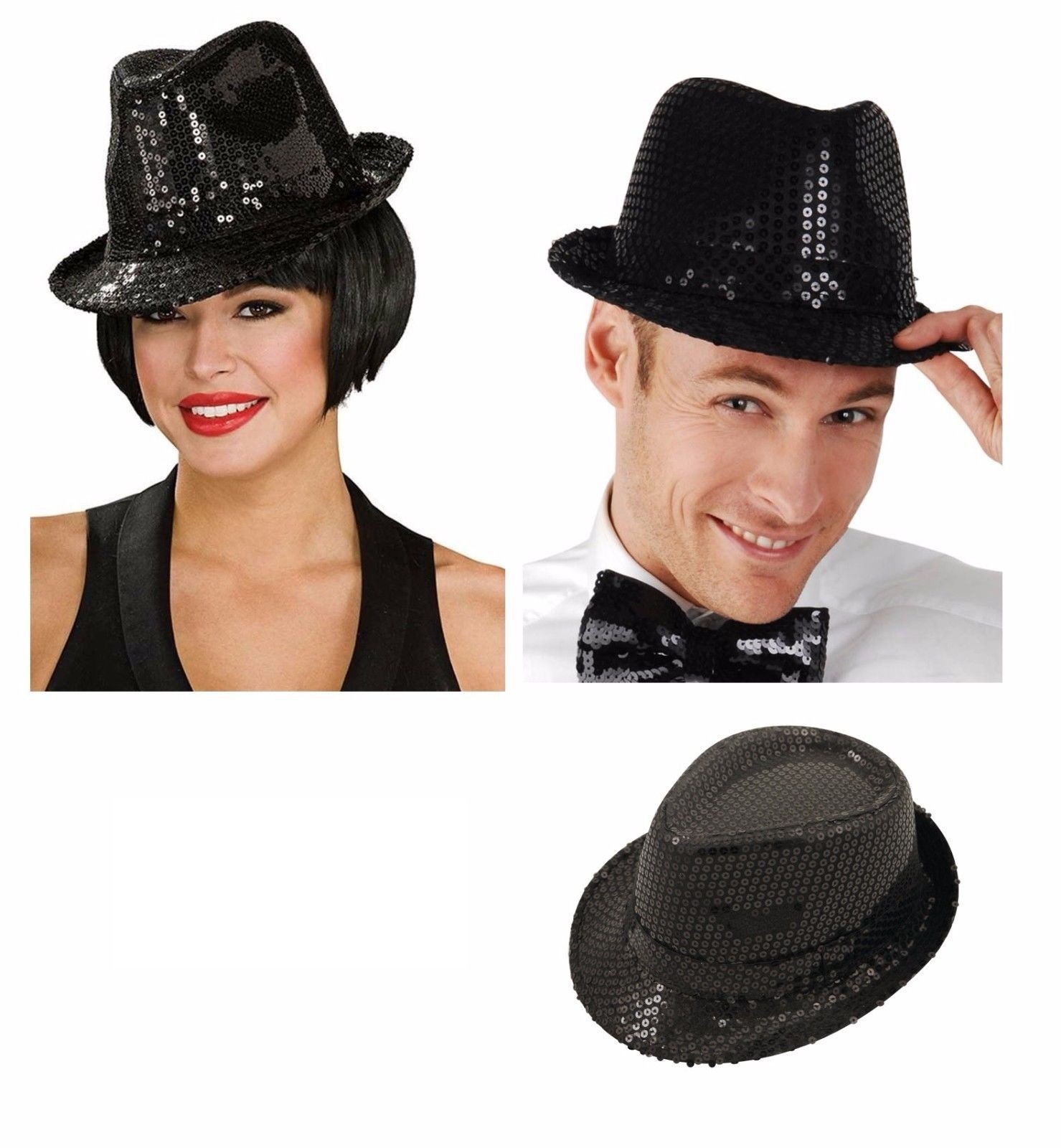 Lizzy ADULT GANGSTER SEQUIN BLACK HAT Fedora Trilby Jazz Glitter Fancy Dress Costume (Unisex Sequin Black Gangster Hat Only)