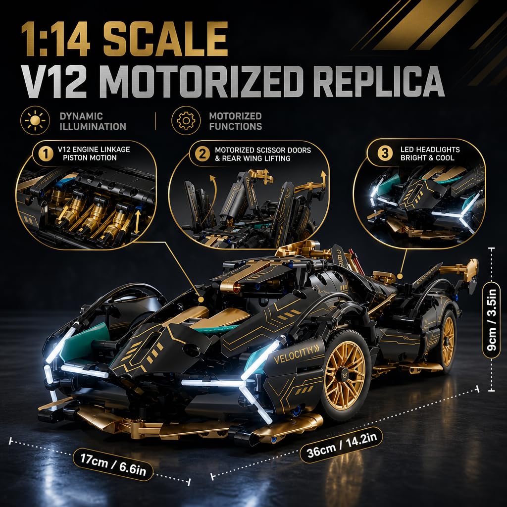 Coche RC, Coche teledirigido, 1:14 con LED Modelo Kit | coche RC: luces LED, funciones motorizadas y doble control; montaje en familia, conducción interior, exposición y regalos