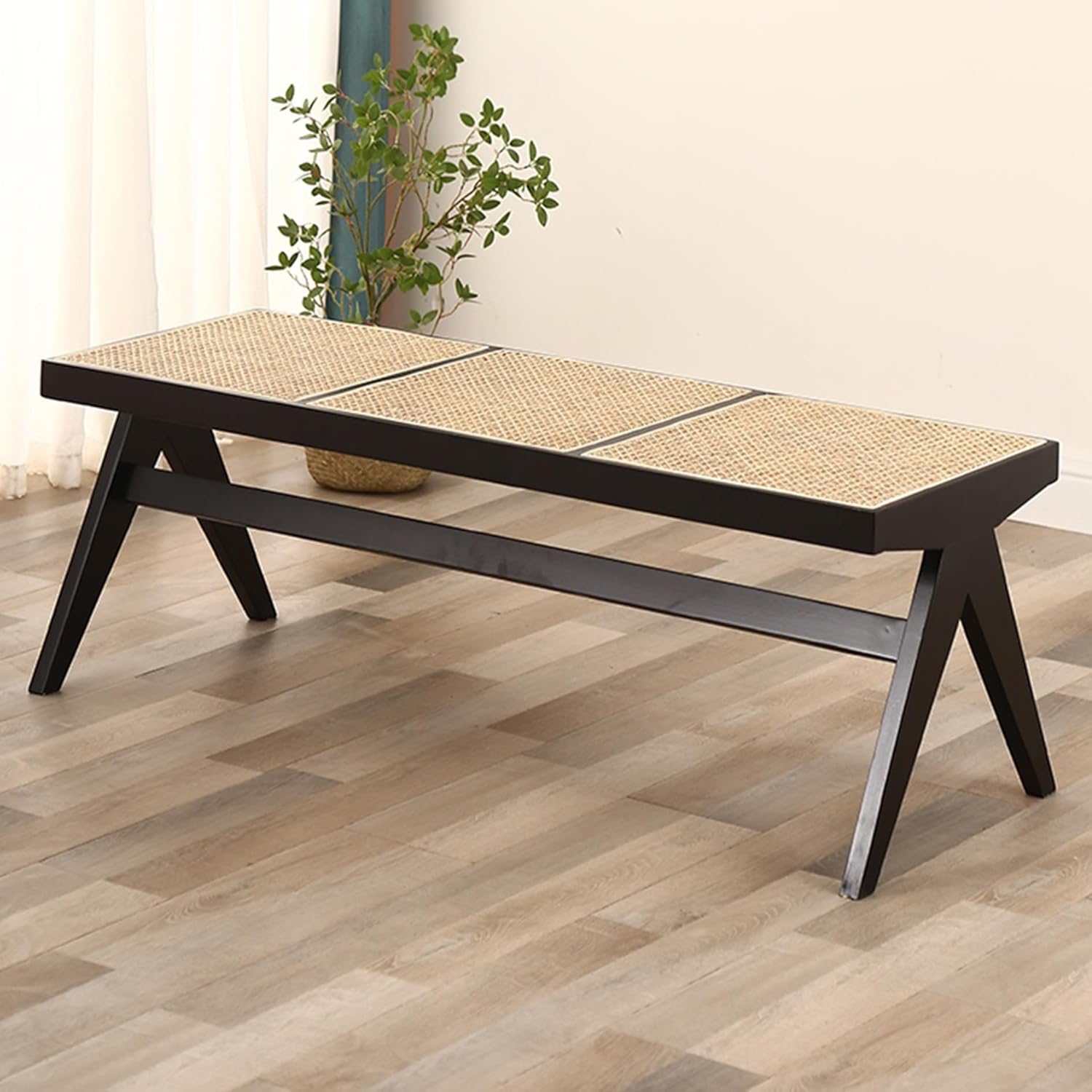 Dining Room Bench,Shoe Rack Bench Seat,Small Entryway Stool,Farmhouse Bench with Rattan Woven Top,Mid Century Modern End of Bed Bench,Solid Wood Benches for Living Room,Kitchen,Entry Way,Hallway(Black