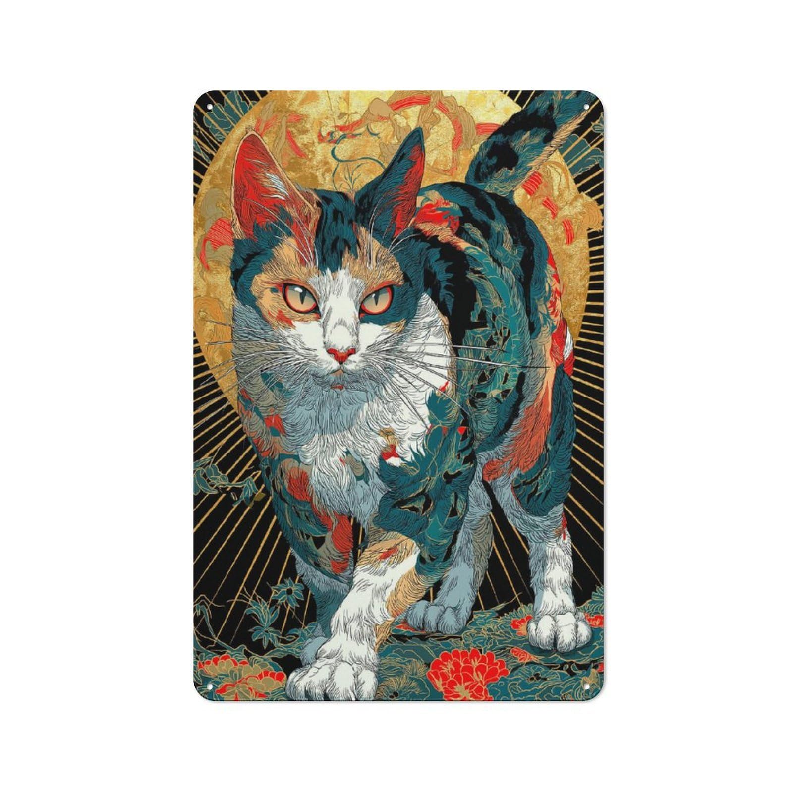 Junmoney Style-15 Ornate Cat Illustration Decorative Metal Plaque 30X20cm, Loft Style Urban Room Decor For Flat, Bar, Studio Or Gallery Wall