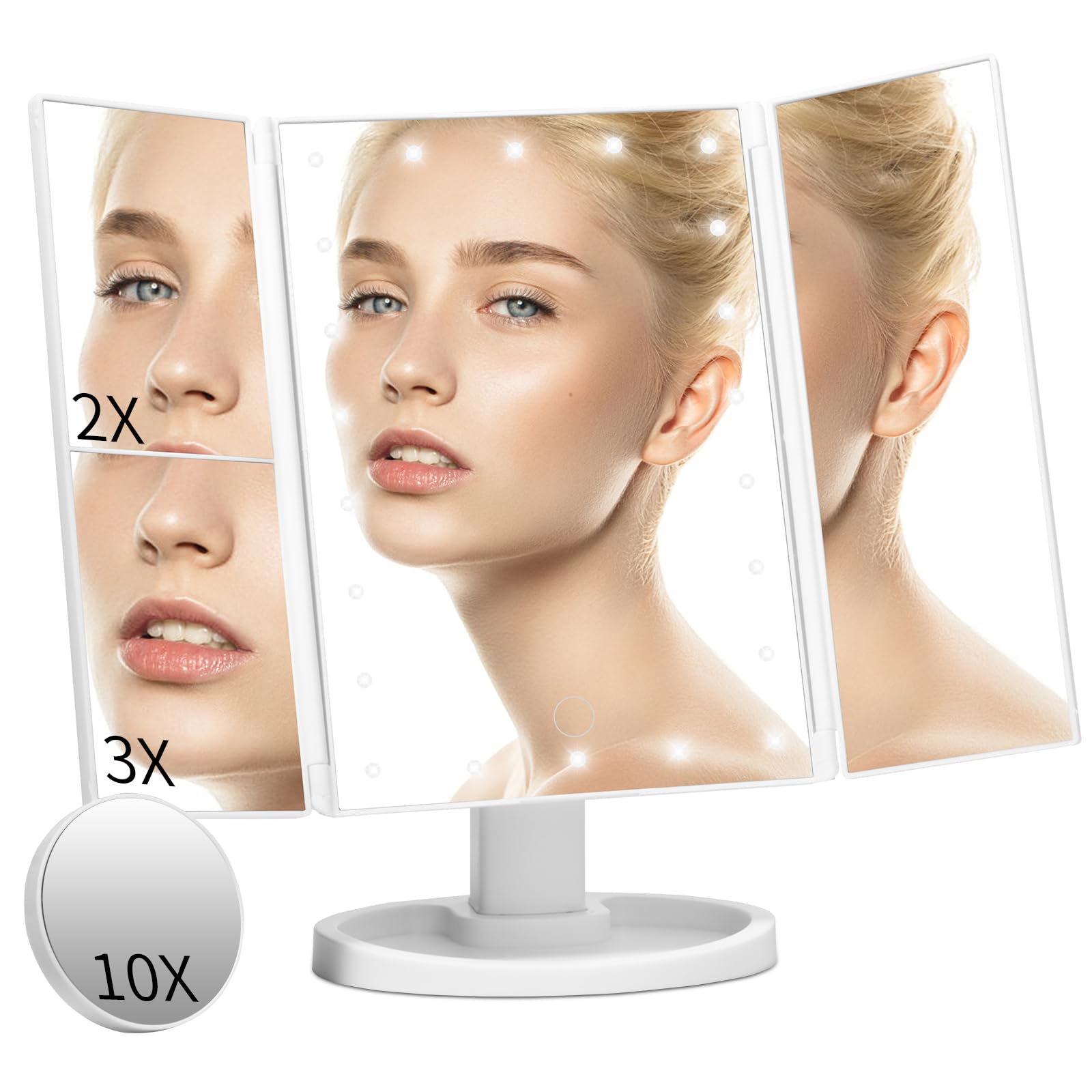 UCHUANG Lighted Makeup Mirror with 22 LED Lights, Trifold Vanity Mirror with 10X/3X/2X/1X Magnification, Touch Screen, Dual Power Supply, 180 Degree Rotation Portable Mirrors for Travel(White)