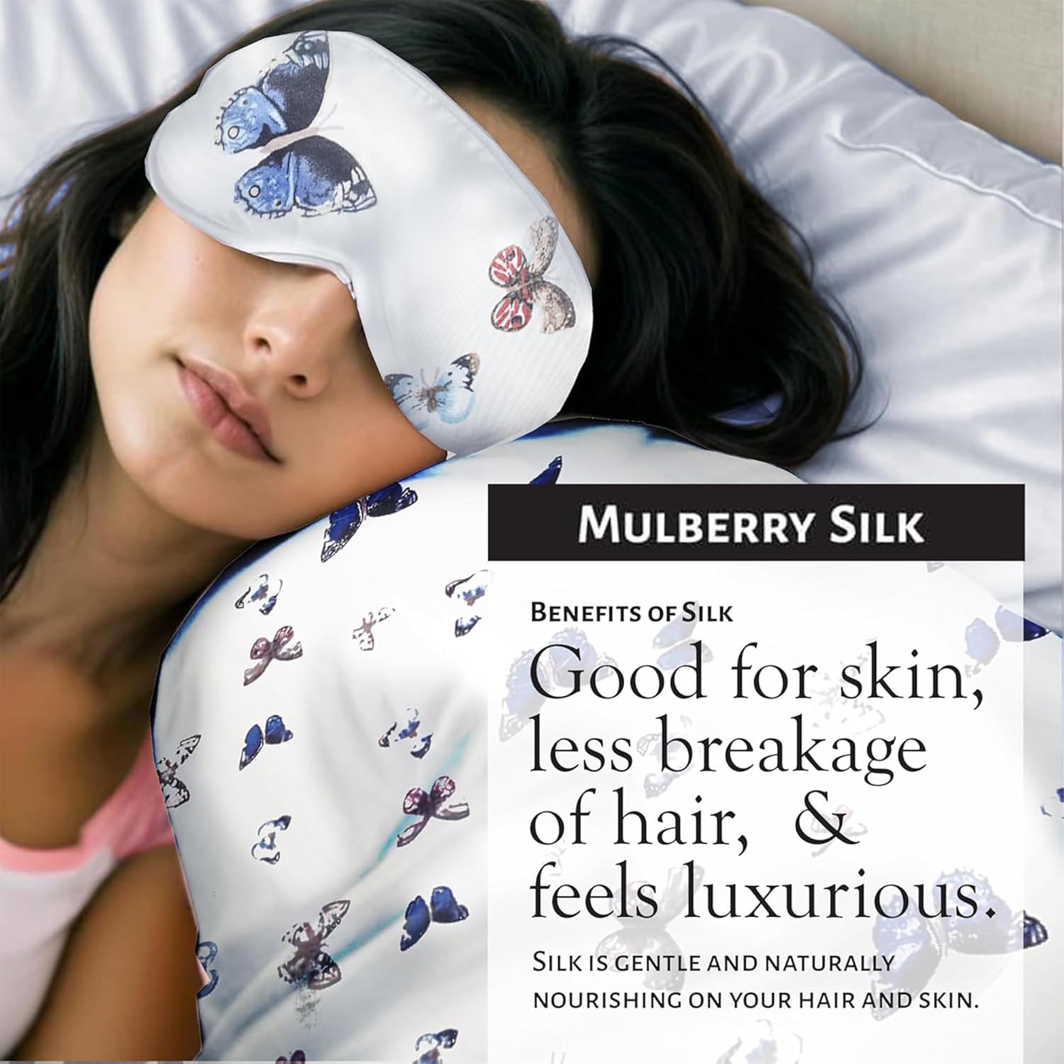 Mulberry Silk Pillowcase Gift Set, Eye Mask, Pillowcase, and Scrunchie for Gentle Sleep Reducing Breakage, Tangles, Creases, and Wrinkles - Queen Size - Butterflies