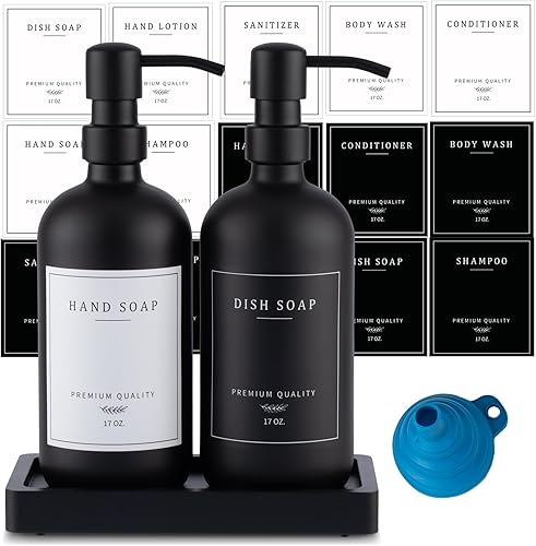 Dispensador de jabón de vidrio grueso negro  Juego de dispensador de jabón para platos de cocina y manos, dispensador de loción a prueba de óxido