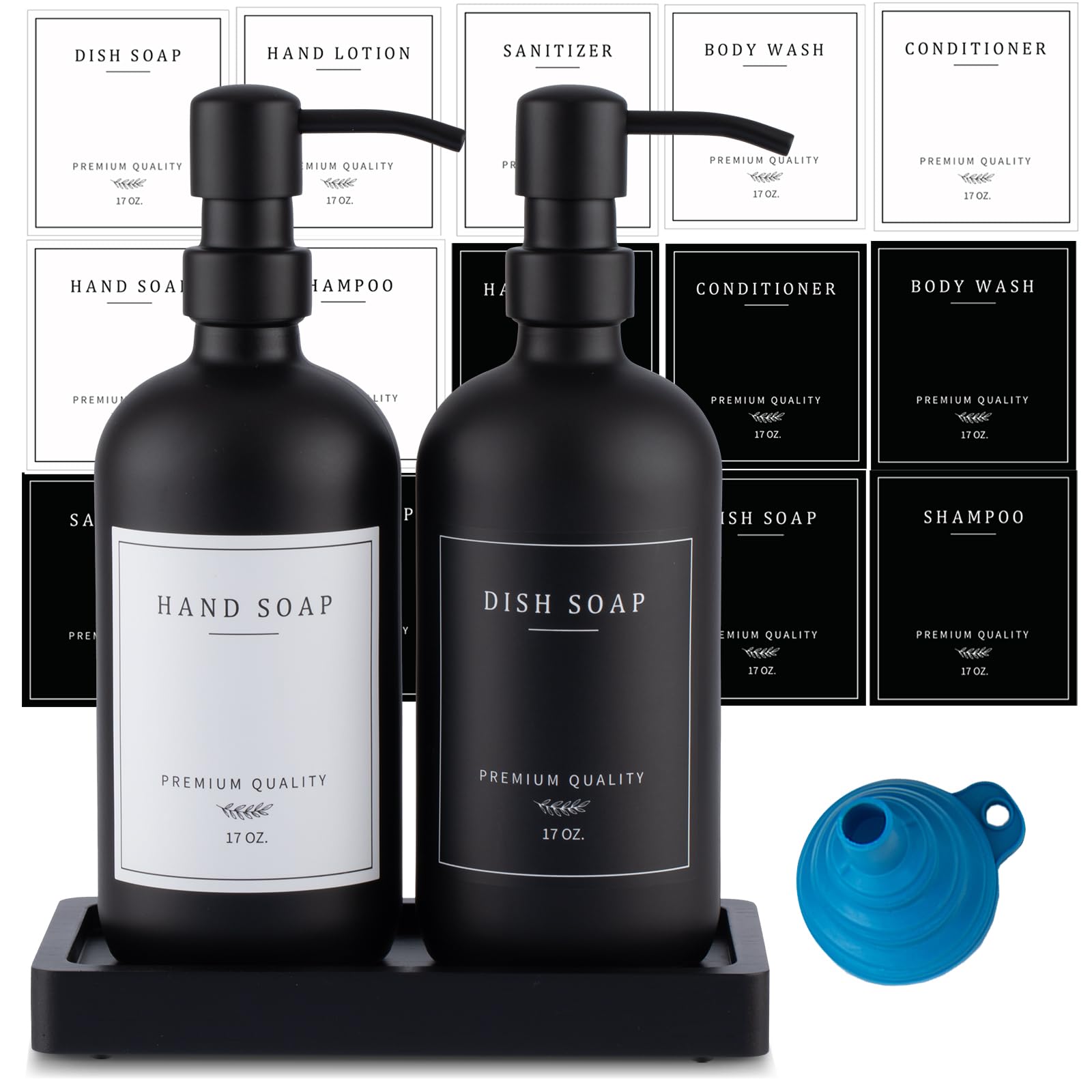 Black Thick Glass Soap Dispenser - Farmhouse Kitchen Dish &Hand Soap Dispenser Set, 304 Rustproof Pump Lotion Dispenser Bathroom with Tray, 14