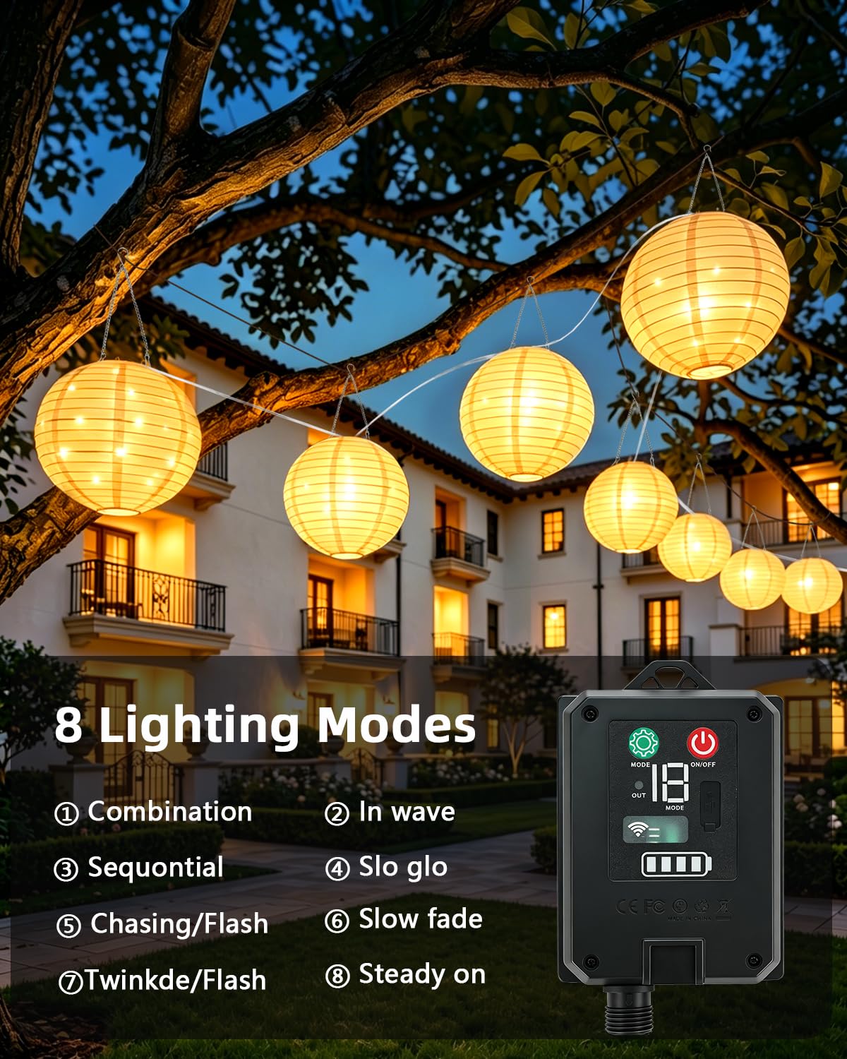4,5 m, 160 LED, luci solari per esterni, 1200 mAh, IP65, resistente alle intemperie, con 4 lampade da 30 cm/40 LED, 8 modalità, grandi lanterne, lampade solari per esterni, balcone, giardino, terrazza