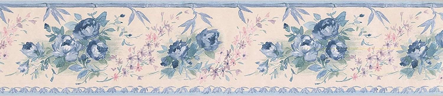CONCORD WALLCOVERINGS ™ Elegant Blue Roses Wallpaper Border Featuring Vintage Flowers Colors, Blue Purple and Beige, Size 4.25 Inches by 15 Feet SA75781