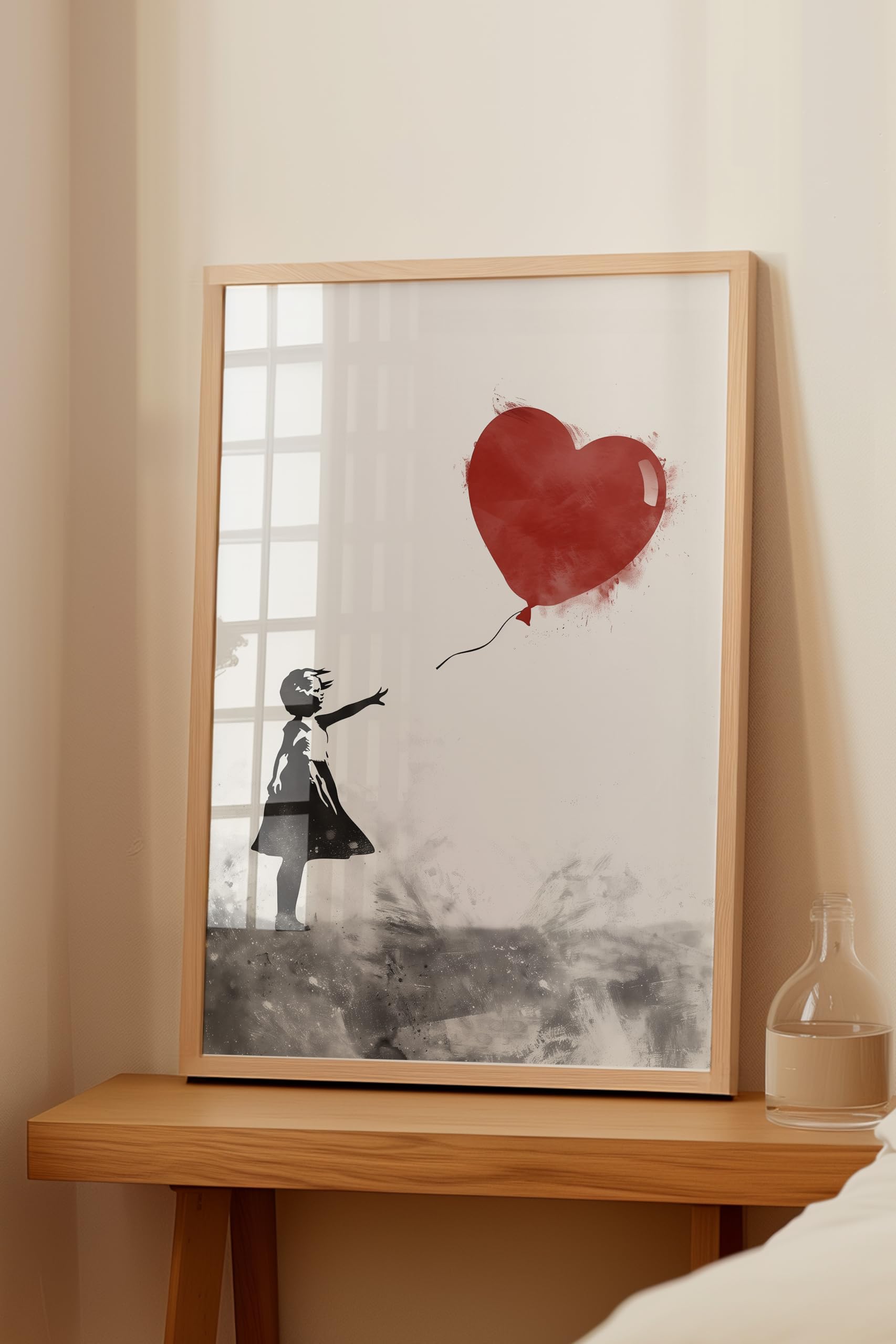 Zestia Ahşap Çerçeveli Tablo, Kırmızı Balonlu Kız, Banksy Tarzı Poster No: 106452 30 x 40