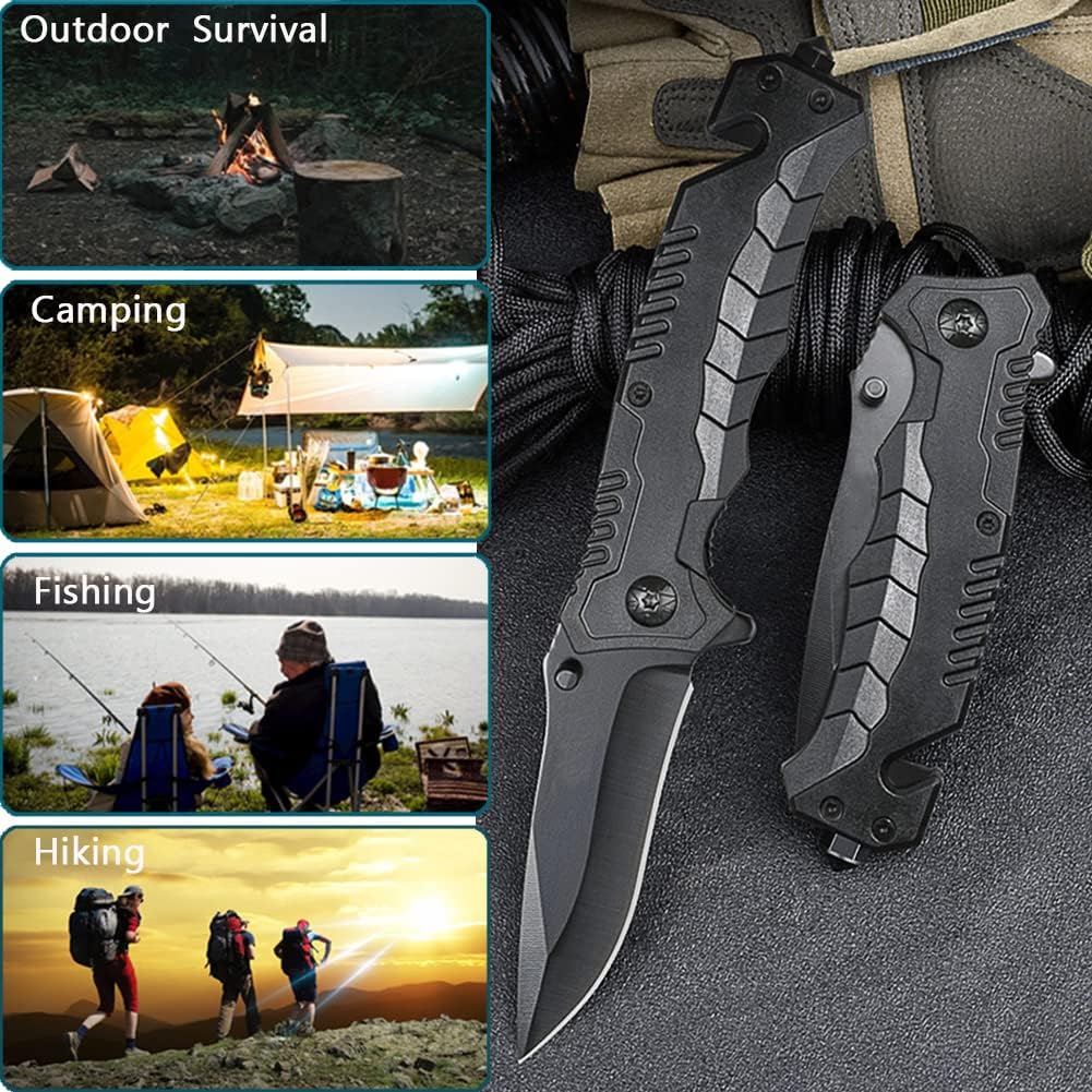 Folding Pocket Knife 3.54" Steel Blade Tactical Folding Knife with Glass Breaker Pocketclip Seatbelt Cutter Bottle Opener Knives for Rescue Outdoor Survival Camping Hunting Fishing Hiking EDC