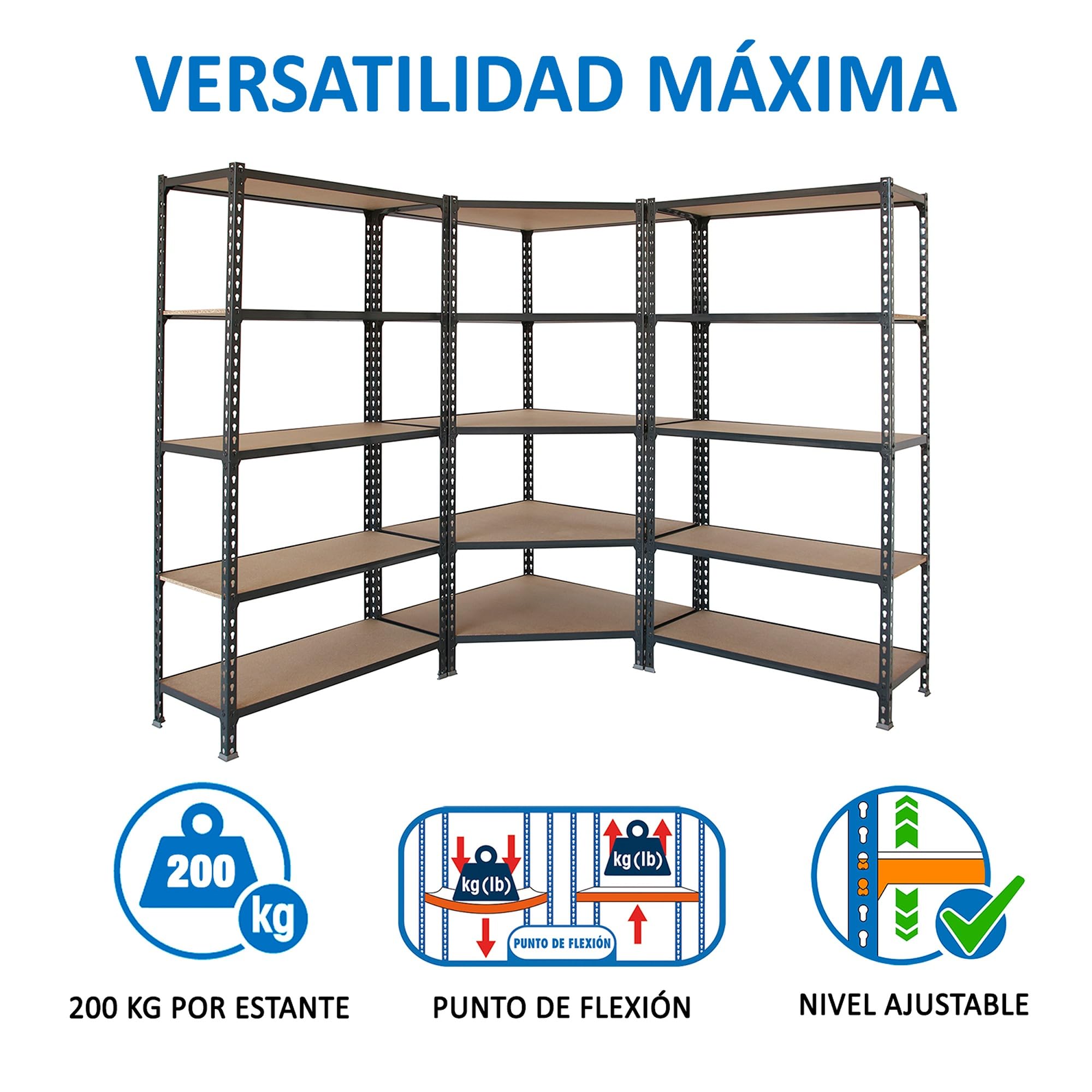 Simon Rack Estanteria Esquina Metalica, 1800x1800x500 mm, 5 Baldas Madera, 200 kg de Punto Flexión, Estanterías Almacenaje, 1 Módulo Extra, Antracita/Madera - Maderclick Corner