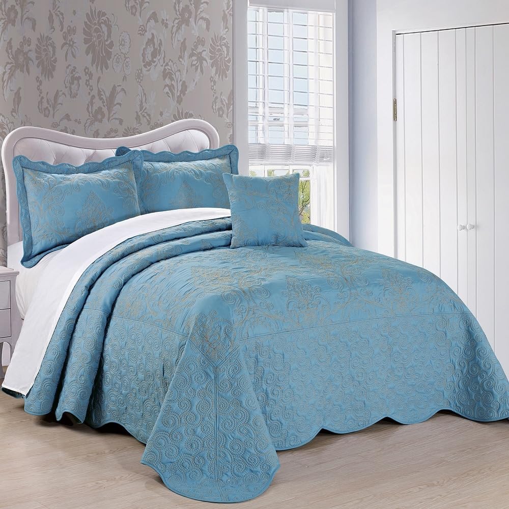 TRP French Country Style 4 Piece Pretty Embroidered Geometric Pattern Oversized Queen Bedspread | All Seasons Shabby Chic Bedding Light Blue Brown Color Designer Aesthetic Look Soft Plush Cozy Feel