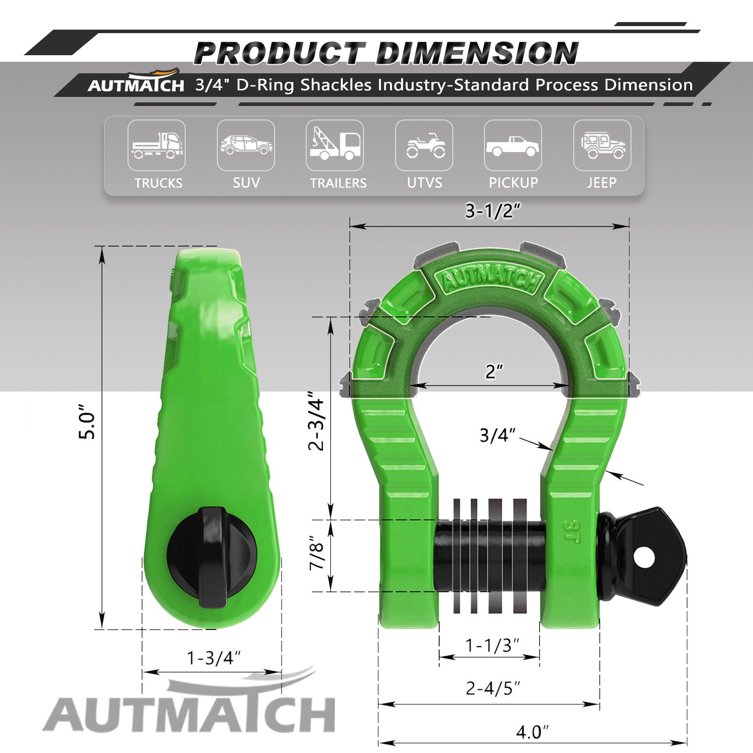AUTMATCH Grilli ad anello a D da 3/4" (confezione da 2) 68.000Ibs resistenza alla rottura con perno a vite da 7/8" e isolatore e rondelle kit per cinghia di traino argano recupero veicoli fuoristrada