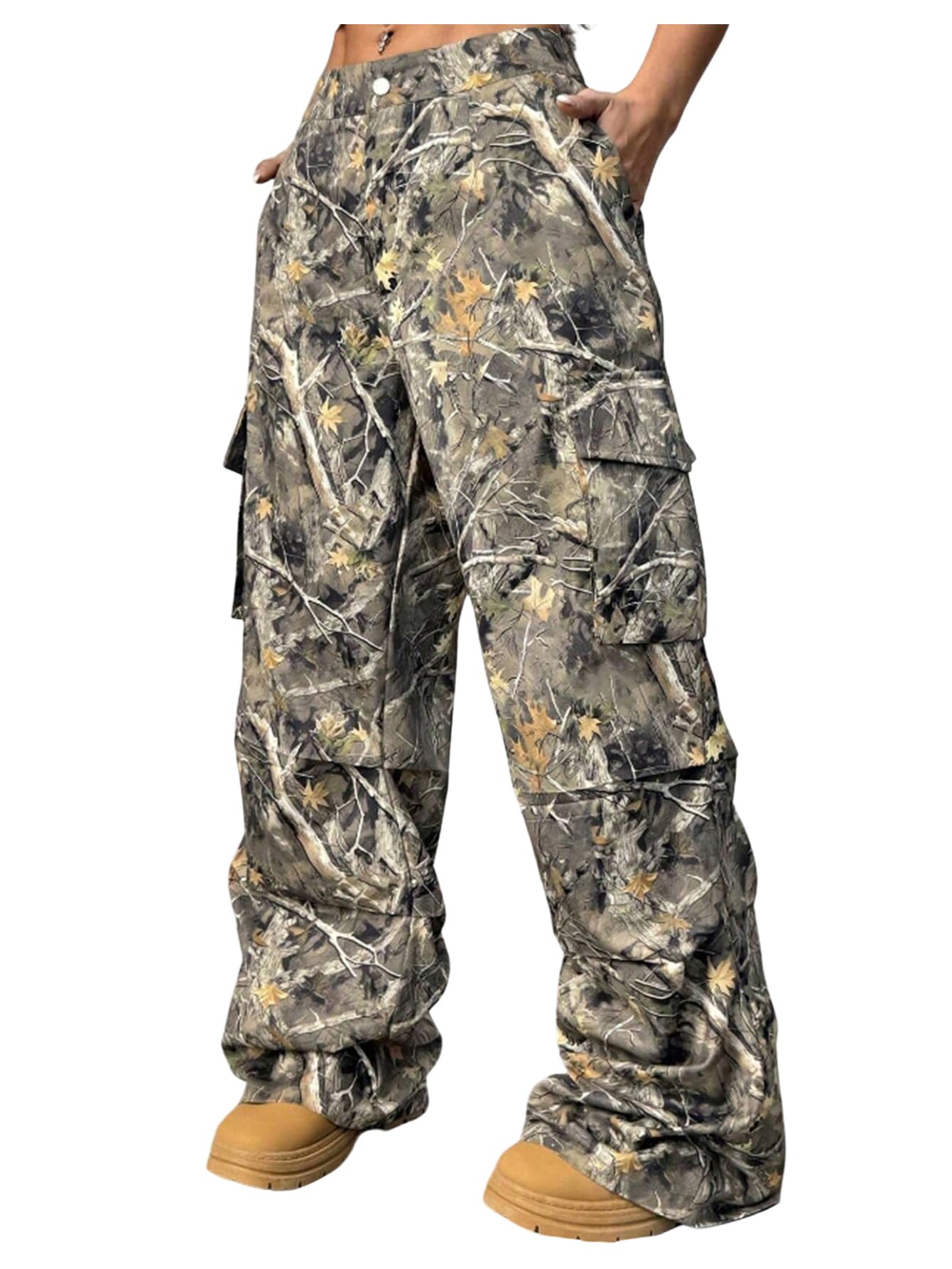 Floerns Womens Plus Size Baggy Cargo Camo Pants Wide Leg Streetwear Casual Pant