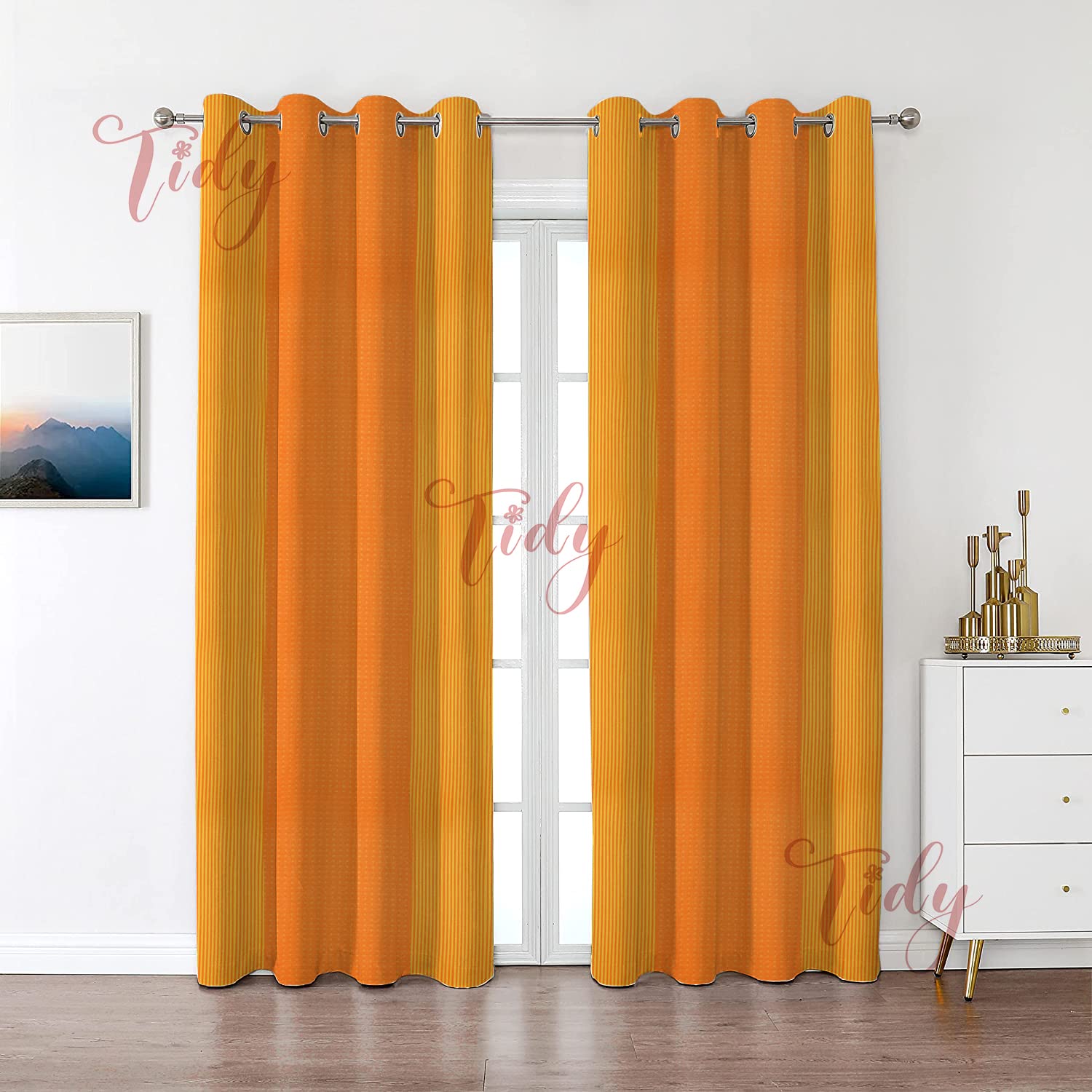 Tidy Orange with Yellow Color Cotton Fabric Door Curtain - Pack of 2 Pieces (7 Feet x 4 Feet, Stripes, Eyelet)