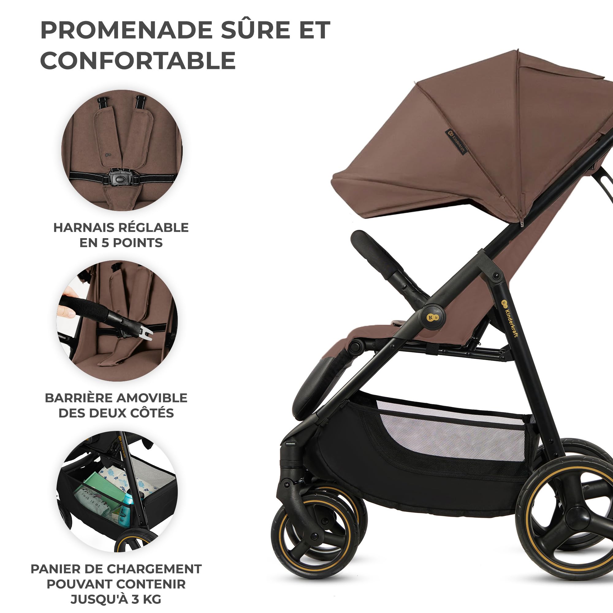 Kinderkraft TRIG 3 Poussette Canne, Légère, Position Allongée, Suspension 4 Roues, Pliable, Harnais réglables à 5 points, Repose-pieds, Jusqu'à 25 kg, Brun