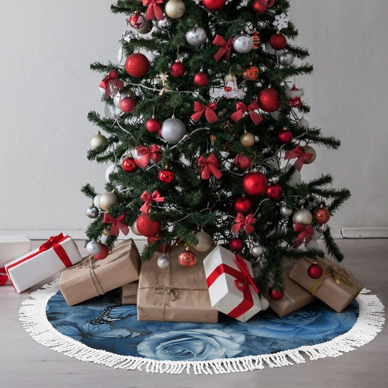 Christmas Tree Skirt Cute Xmas Trees Mat Skirts Personalization Christmas Round Tree Skirts for Holiday Party Decorative Supplies Blue Rose