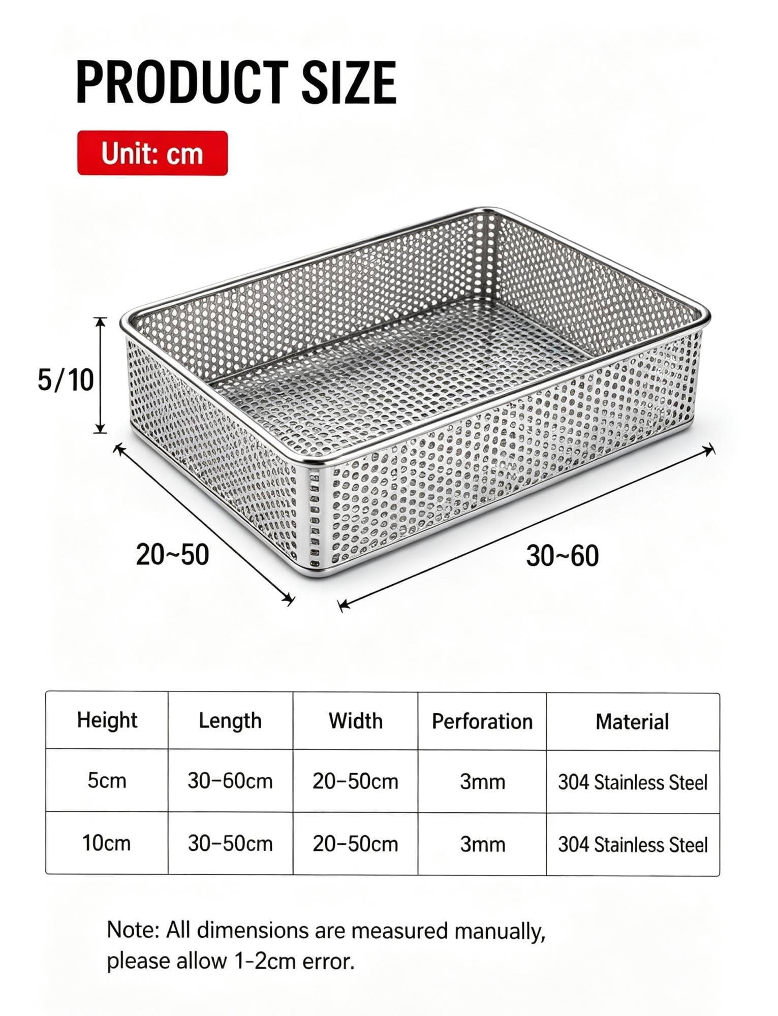 Cestello in acciaio inox 304 perforato, rete 3 mm, per lavaggio e drenaggio
