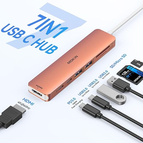 Vista 9 de Adaptador HDMI USB C Hub para MacBook Pro/Air, MOKiN 7 en 1 USB C Dongle con HDMI, lector de tarjetas SD/TF, puerto de datos USB C, 100 W PD y 2 USB