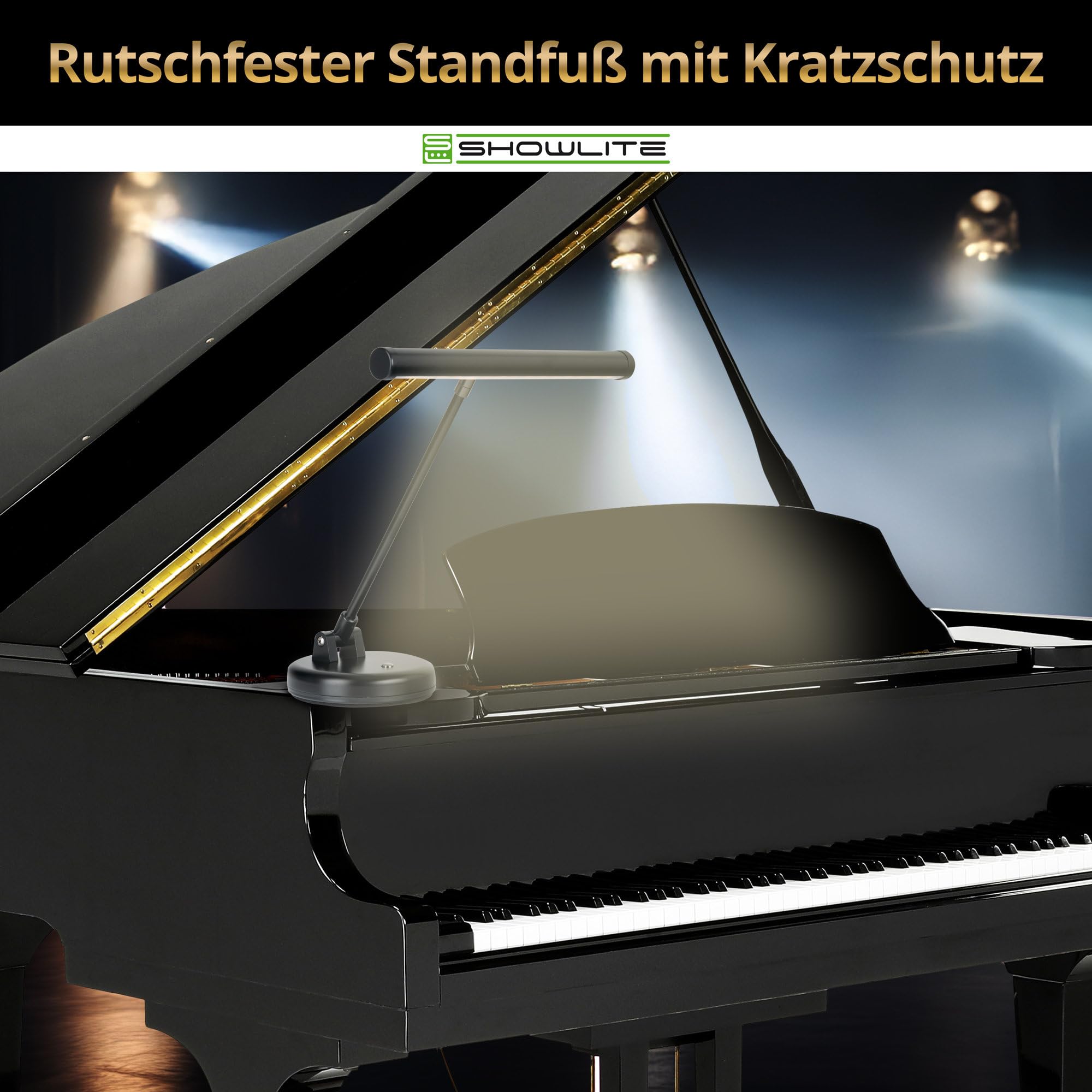 Showlite PL-1-BK-KW Lampada LED per Pianoforte - Lampada per Pianoforte con 15 LED - luce bianco caldo a 2 livelli - altezza 36 cm - alimentazione via USB, rete o batteria - nero