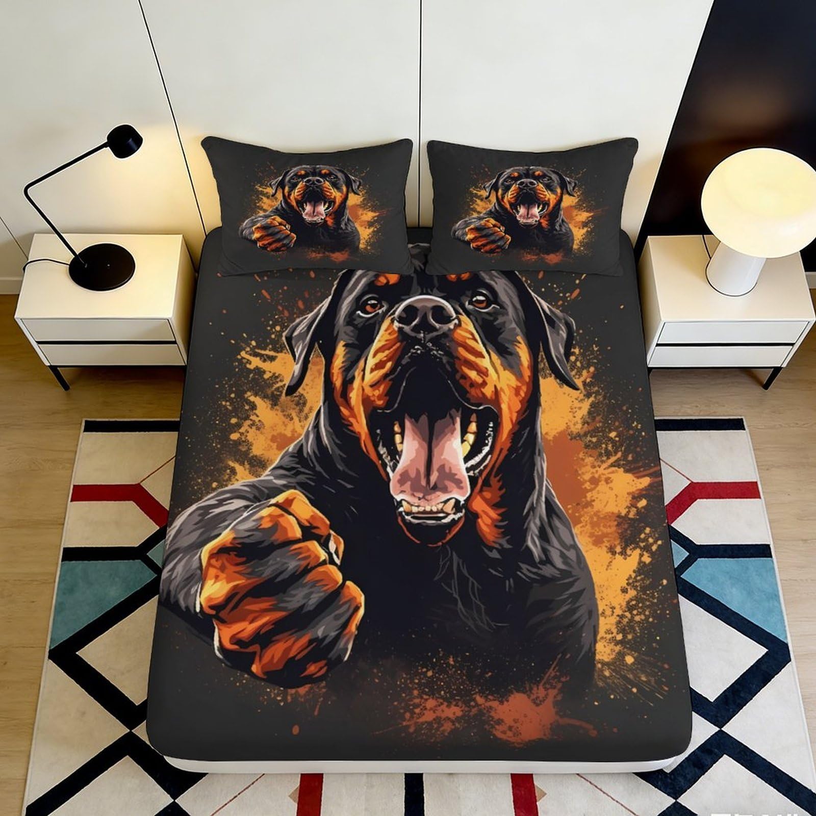 3D Printed Fierce Rottweiler Fitted Sheet Microfiber Soft Decorative Fire Punch Bed Cover for Bedroom Guest Room 90x200x25cm