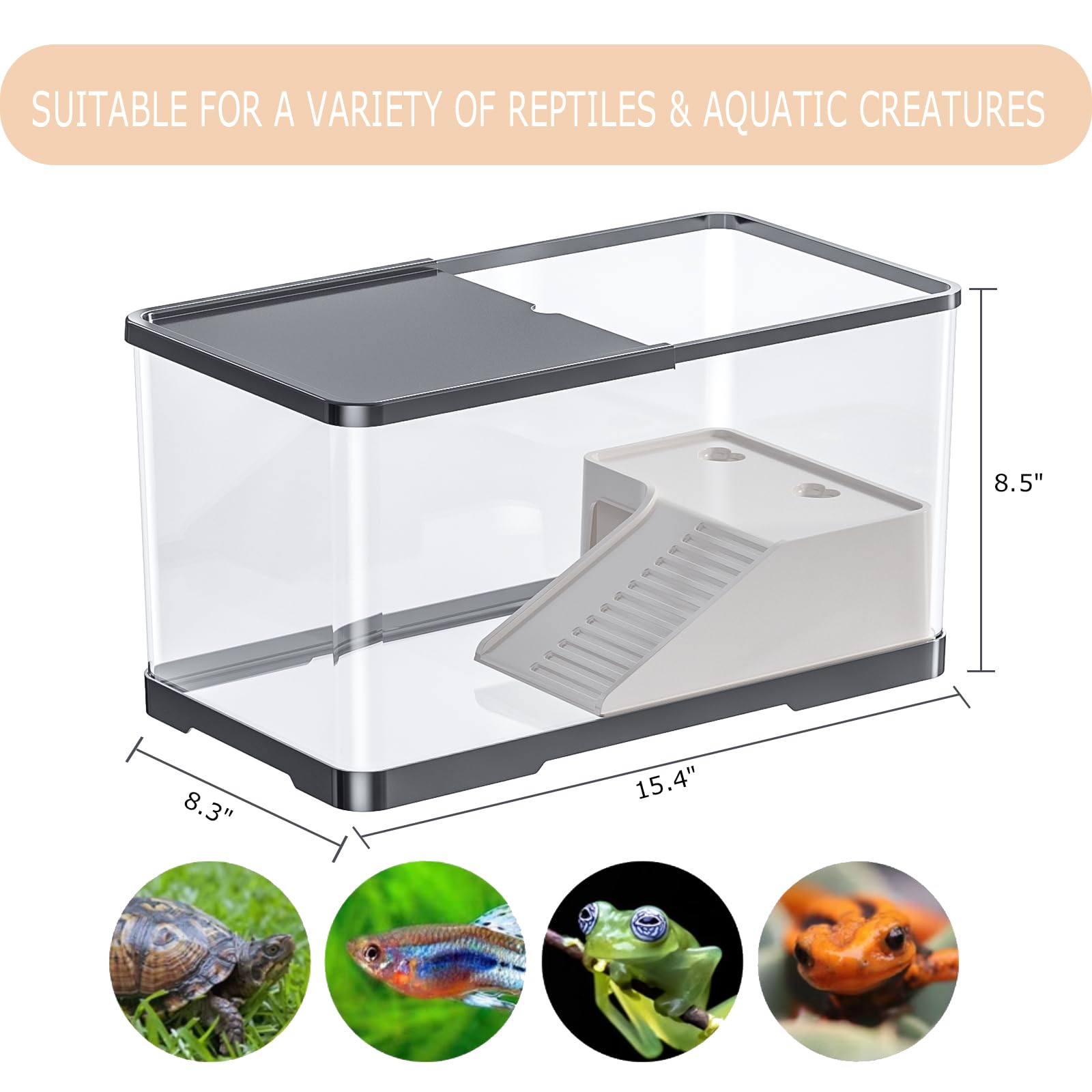 Schildkröten-Tank-Starter-Set, verbessertes Aquarium-Set mit Filter, Fischnetz, Reptilien-Lebensraum mit verstellbarer UV-Lampe und Deckel, Sonnenplattform für Krabben, Amphibien, Reptilien (39,1 x