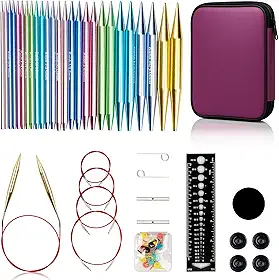 Ruidi Conjunto de agulhas de tricô circulares de alumínio intercambiáveis - 13 pares de agulhas de 10 cm com 4 cabos, suportes de agulha e bolsa de couro - perfeito para projetos versáteis e de tricô