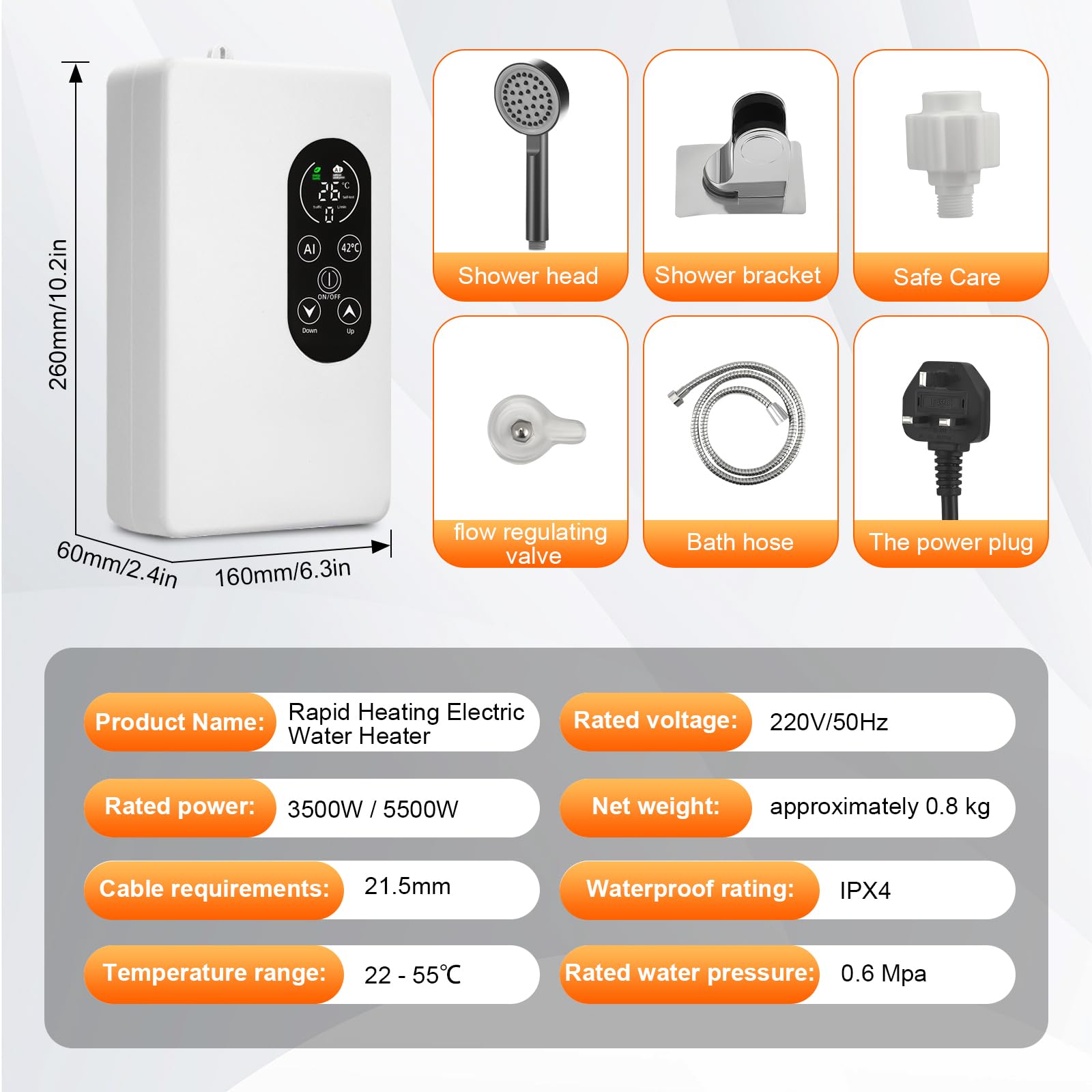 Calentador de agua eléctrico de paso, 5500 W, 220 V, indicador de temperatura, unidad integrada, control inteligente, mini calentador de agua, adecuado para duchas y baños