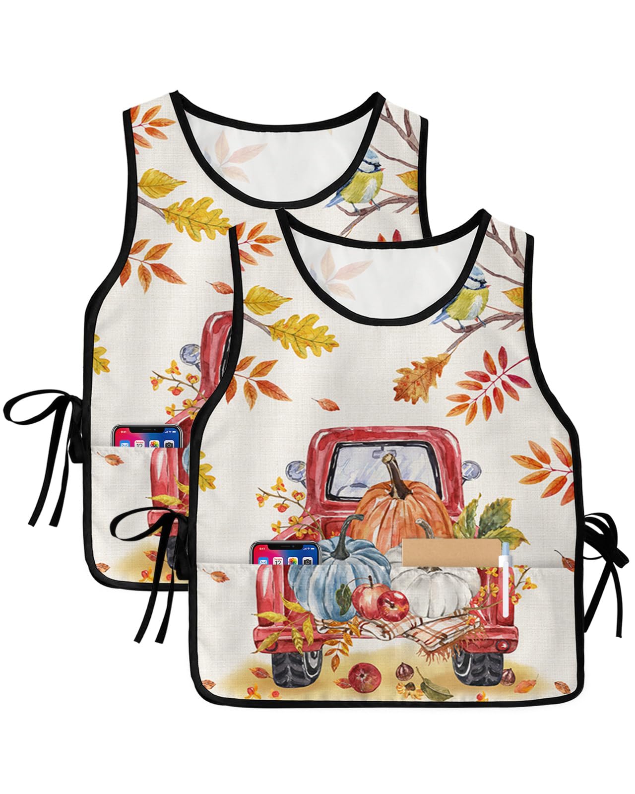 DaringOne Pumpkins Truck 1 PCS Unisex Cobbler Apron 2 Pockets Vest, 27.5x20 Inch Fall Thanksgiving Maple Leaves Bird
