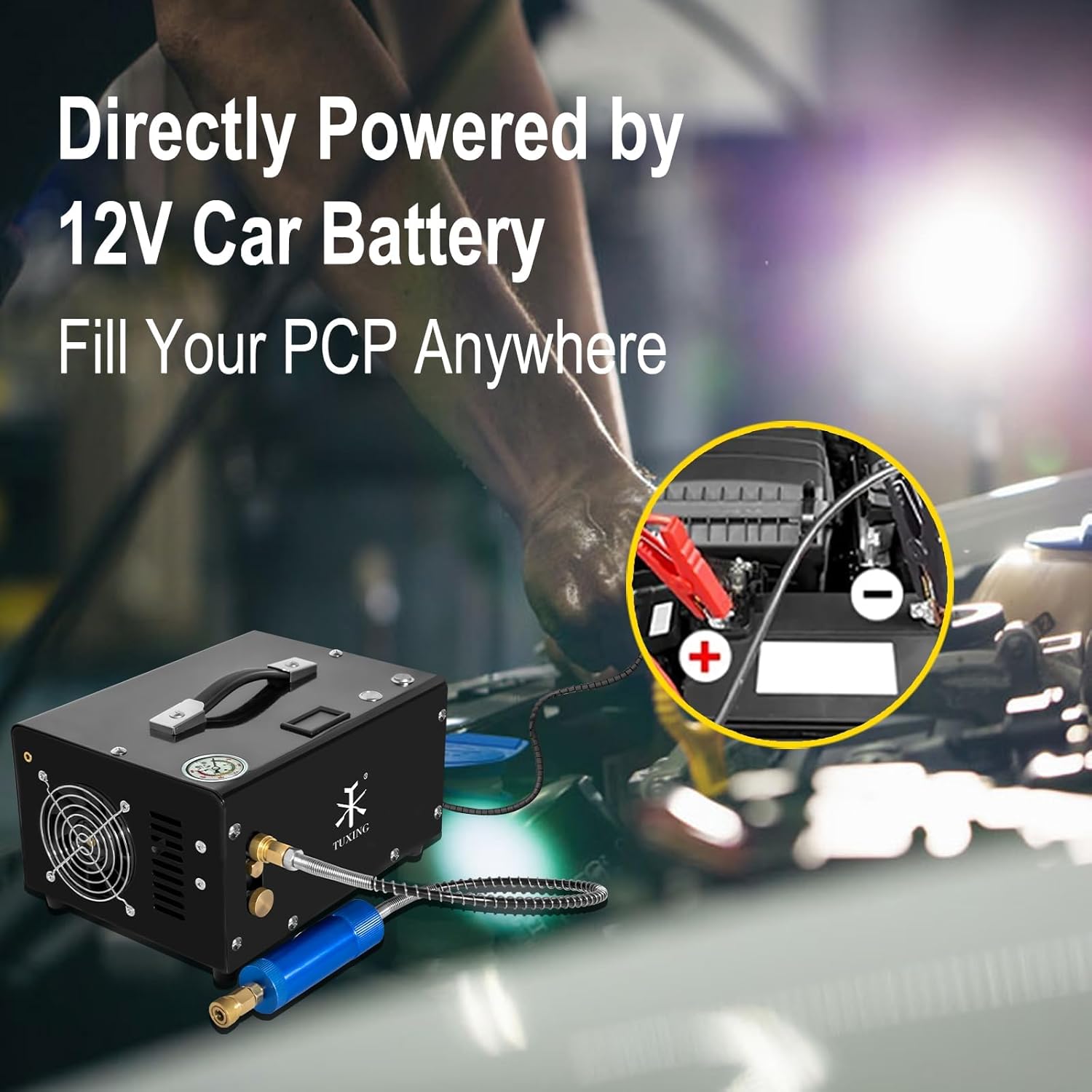 TUXING TXET061-1 compressor connected to a car battery