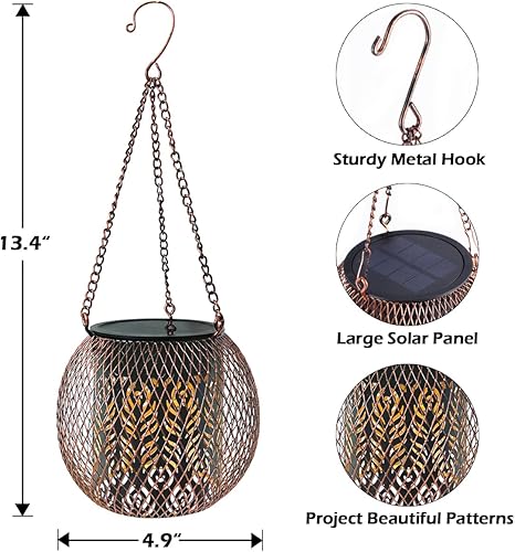 Miniatura 6 de LeiDrail Paquete de 2 faroles solares colgantes para exteriores, impermeables, de metal, luz decorativa para patio, patio, árbol, mesa, paisaje