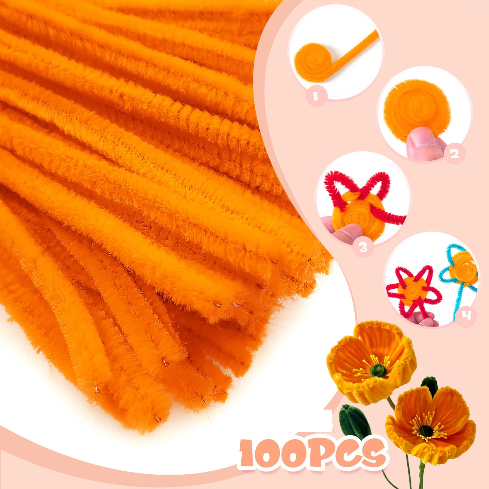 TOAOB 100pcs Orange Pipe Cleaners for Craft 30cm Long Chenille Stem 6mm Thick Fuzzy Sticks Craft Supplies for DIY Flowers Projects Home Decorations - Image 4