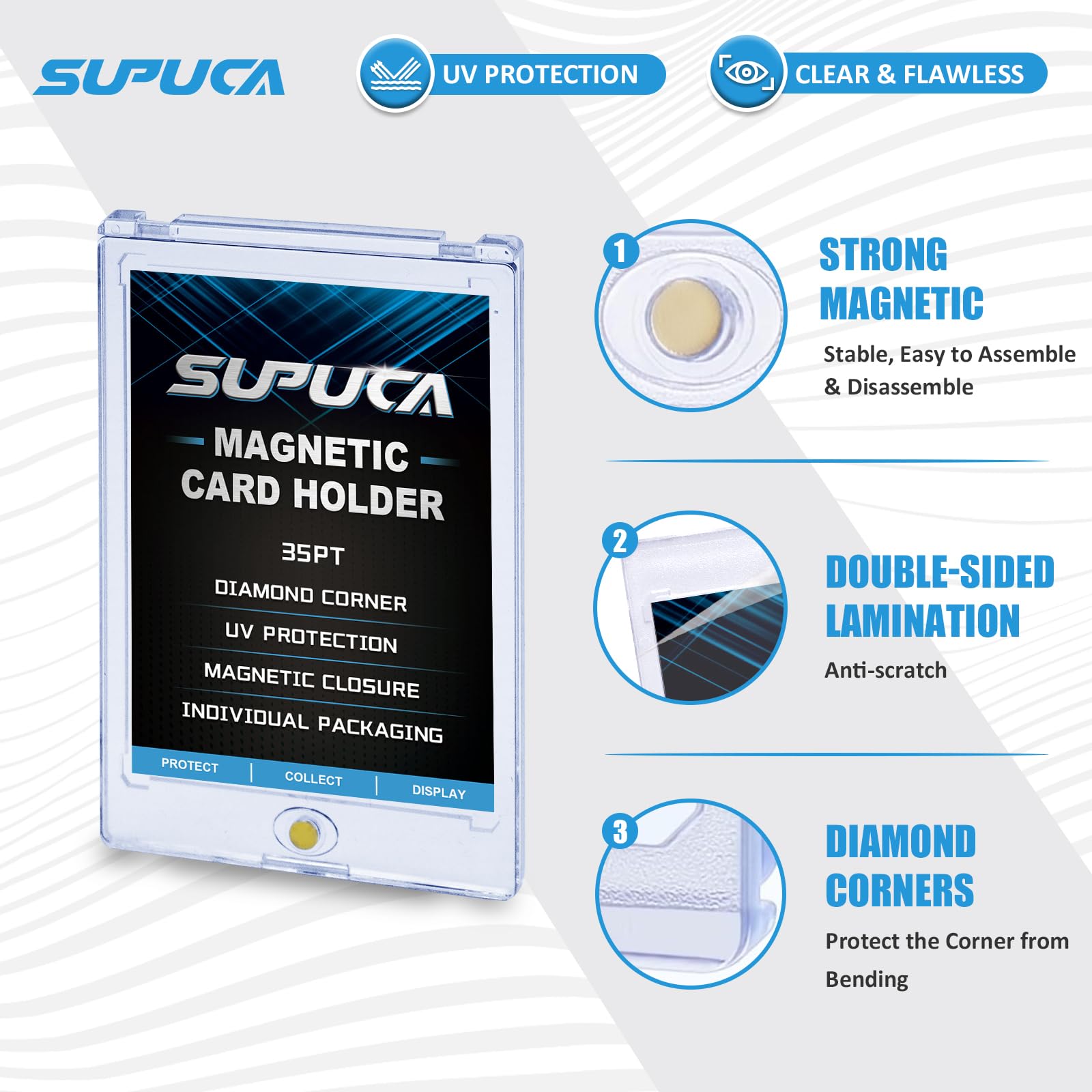 Supuca 25ct Magnetic Card Holder 35PT, One Touch Protector for Trading Cards, Hard Plastic Sleeves Display Case for Baseball and Sports Cards