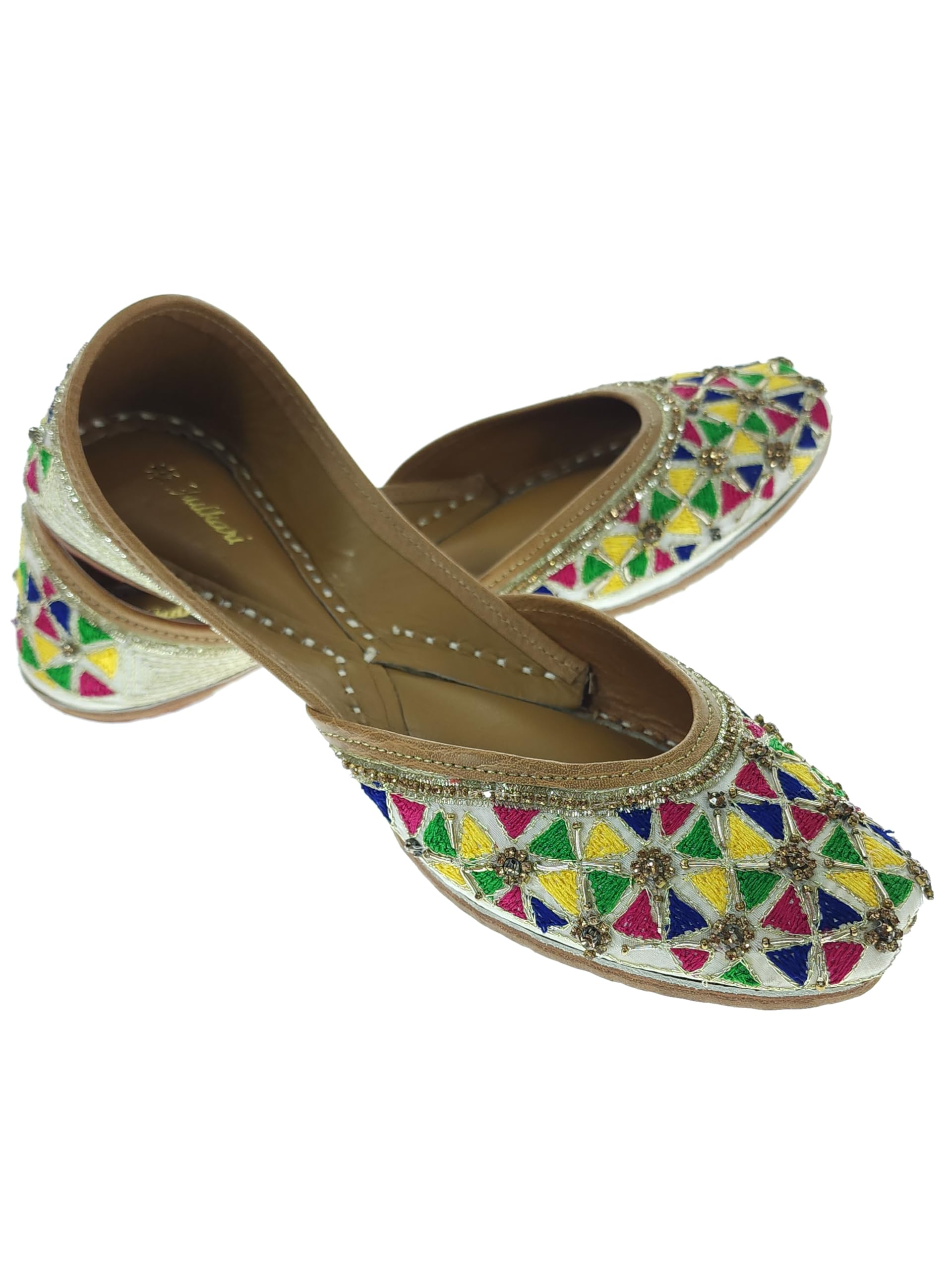 fulkari Women Anemone Gold Multicolor Genuine Soft Leather Embroidered Jutis | Bite and Pinch Free Jutti | Punjabi Formal Juttis | Girl's Wedding Flat Ladies Mojari | Formal Ethnic Juti |-picture-16