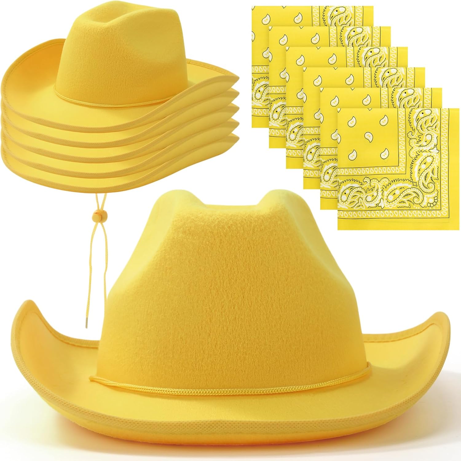 6 Sets Adult Cowboy Hat for Women and Men Western Cowgirl Hats with Adjustable Drawstring and Cowboy Party Paisley Bandana