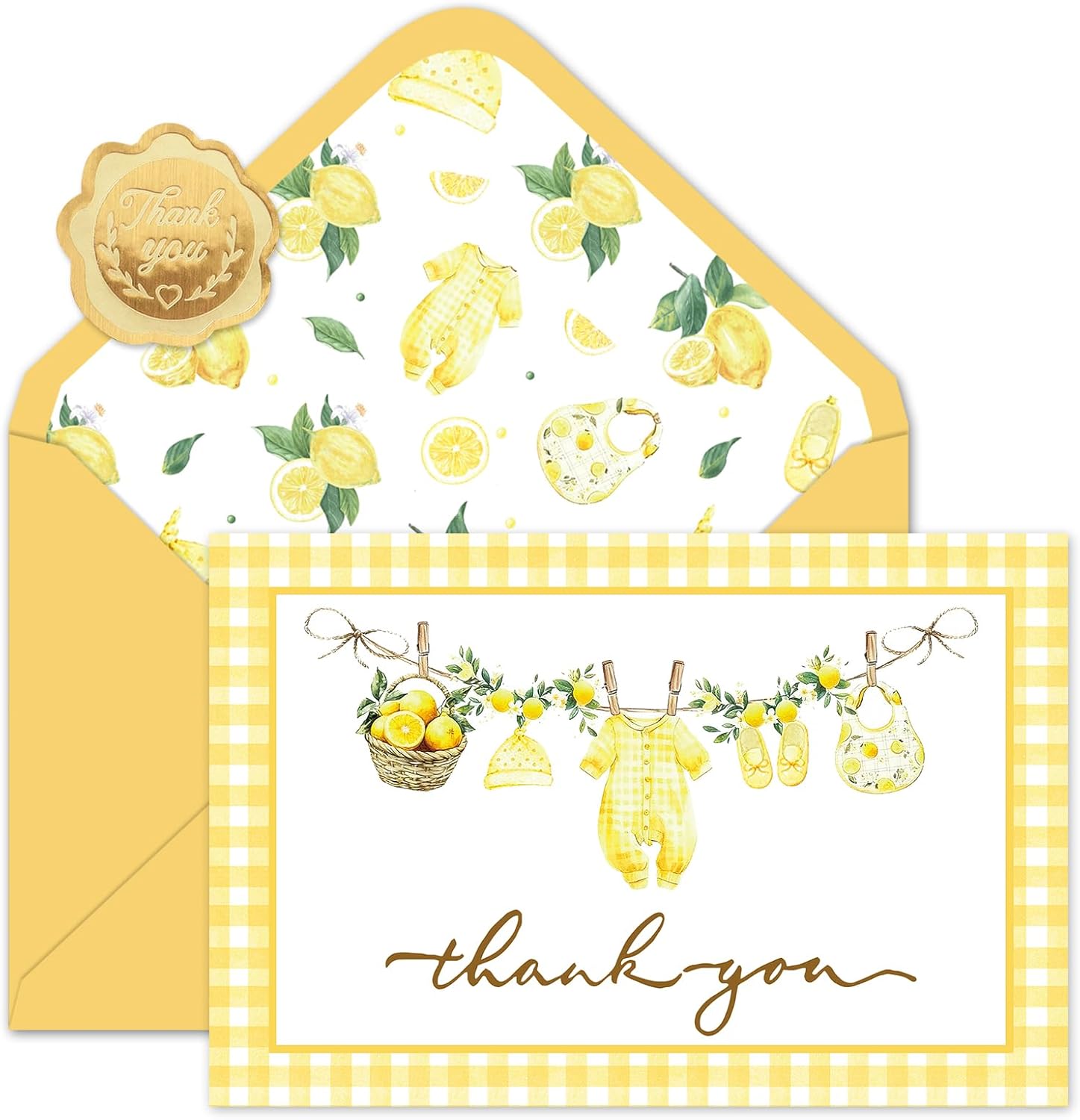 FYSUIMU 24 Pack Lemon Baby Shower Thank You Cards Greeting Cards Yellow Plaid Summer Lemon Blank Note Card with Envelopes Stickers for Birthday Gender Reveal, 4 x 6 Inch
