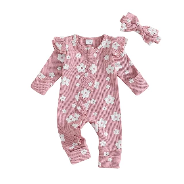 allshope Infant Baby Girl Fall Outfit Sweatshirt Romper Floral Print Long Sleeve Jumpsuit Newborn Waffle Clothes