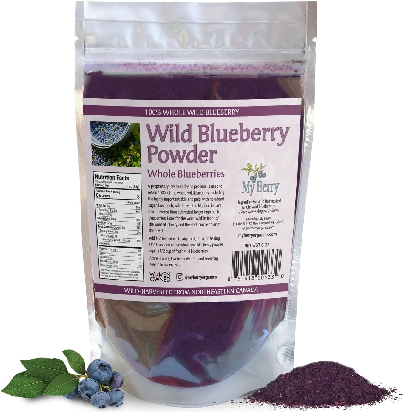 My Berry Wild Blueberry Powder 6oz | 100% Whole Wild-Harvested Blueberries | Unsweetened, No Added Sugar or Fillers | Low-Heat Dried | Grown in North America