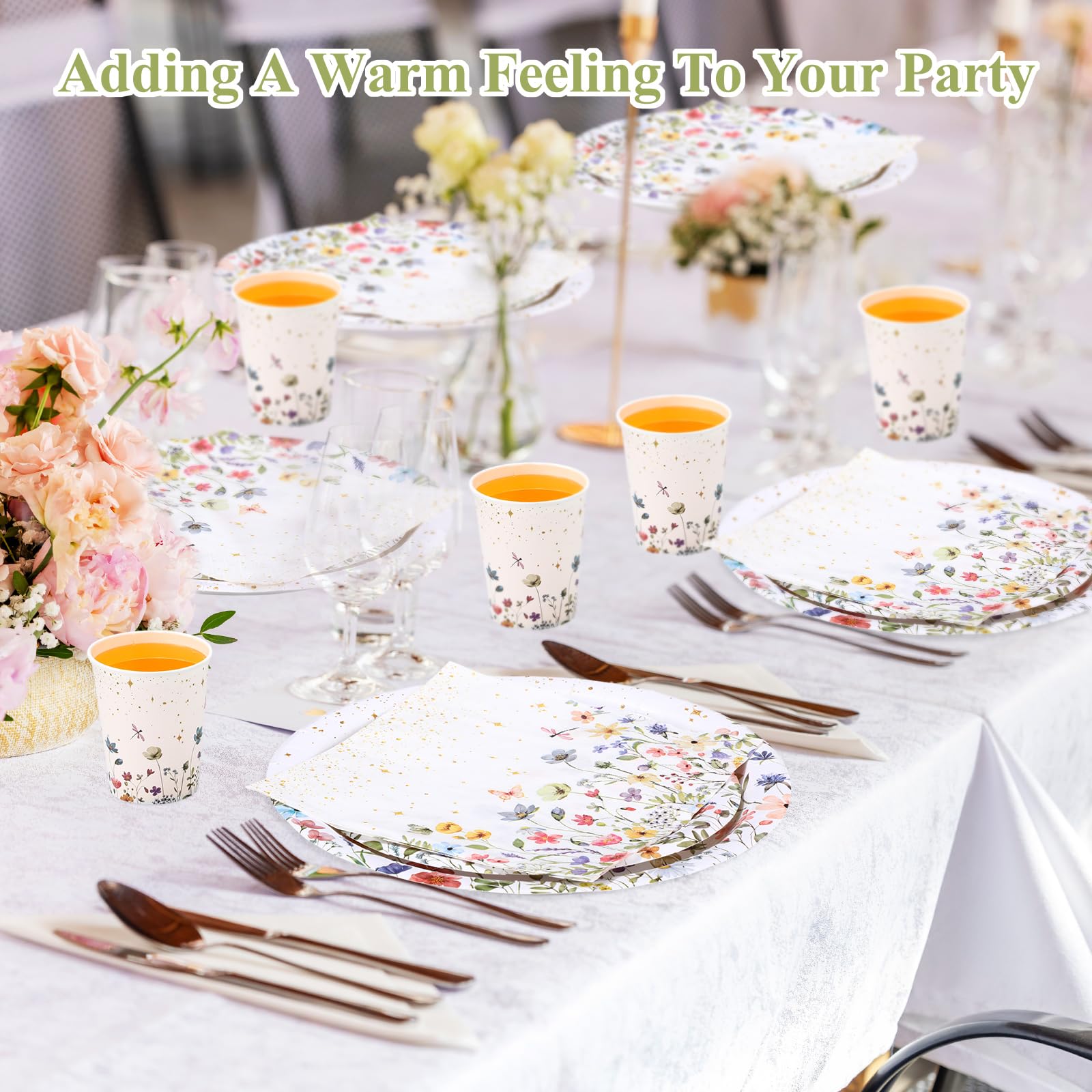 Ziliny 250 Stück Wildblumen-Party-Dekorationen, inklusive Frühlings- und Sommer-Pappteller, Servietten und Becher für Wildblumen, Babypartys, Tee-Dekorationen, für 50 Gäste (bunt, Blumenstil)