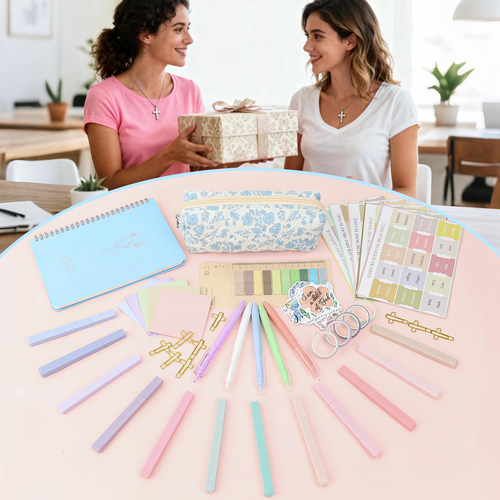 Kit de diario de suministros de estudio bíblico con bolígrafo, pestañas, cuaderno y resaltador sin sangrado, kit de anotación de libros estéticos, regalos cristianos para mujeres y amigas